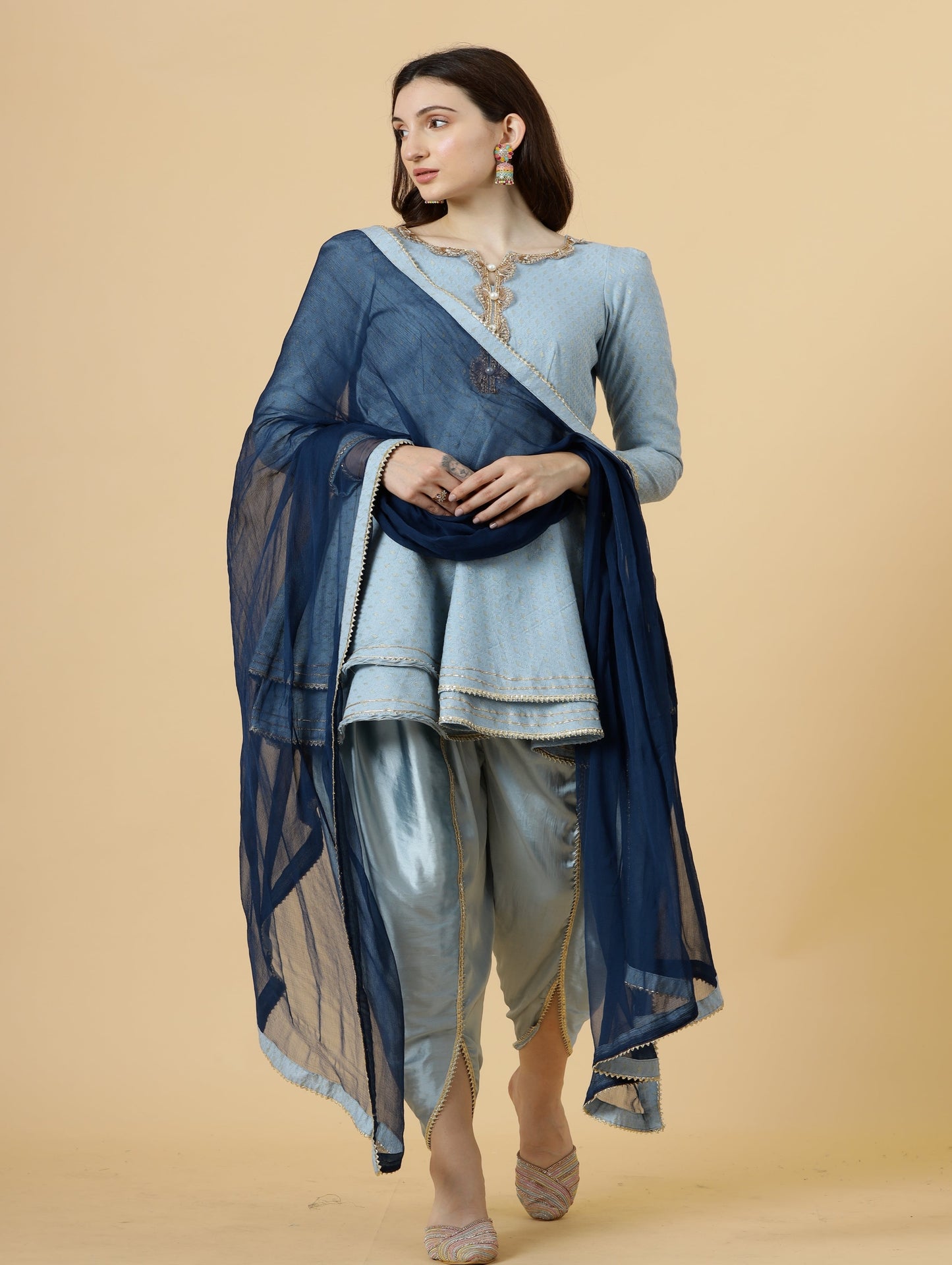 Alluring Powder Blue Brocade Silk Short Kurti with Tulip Pants