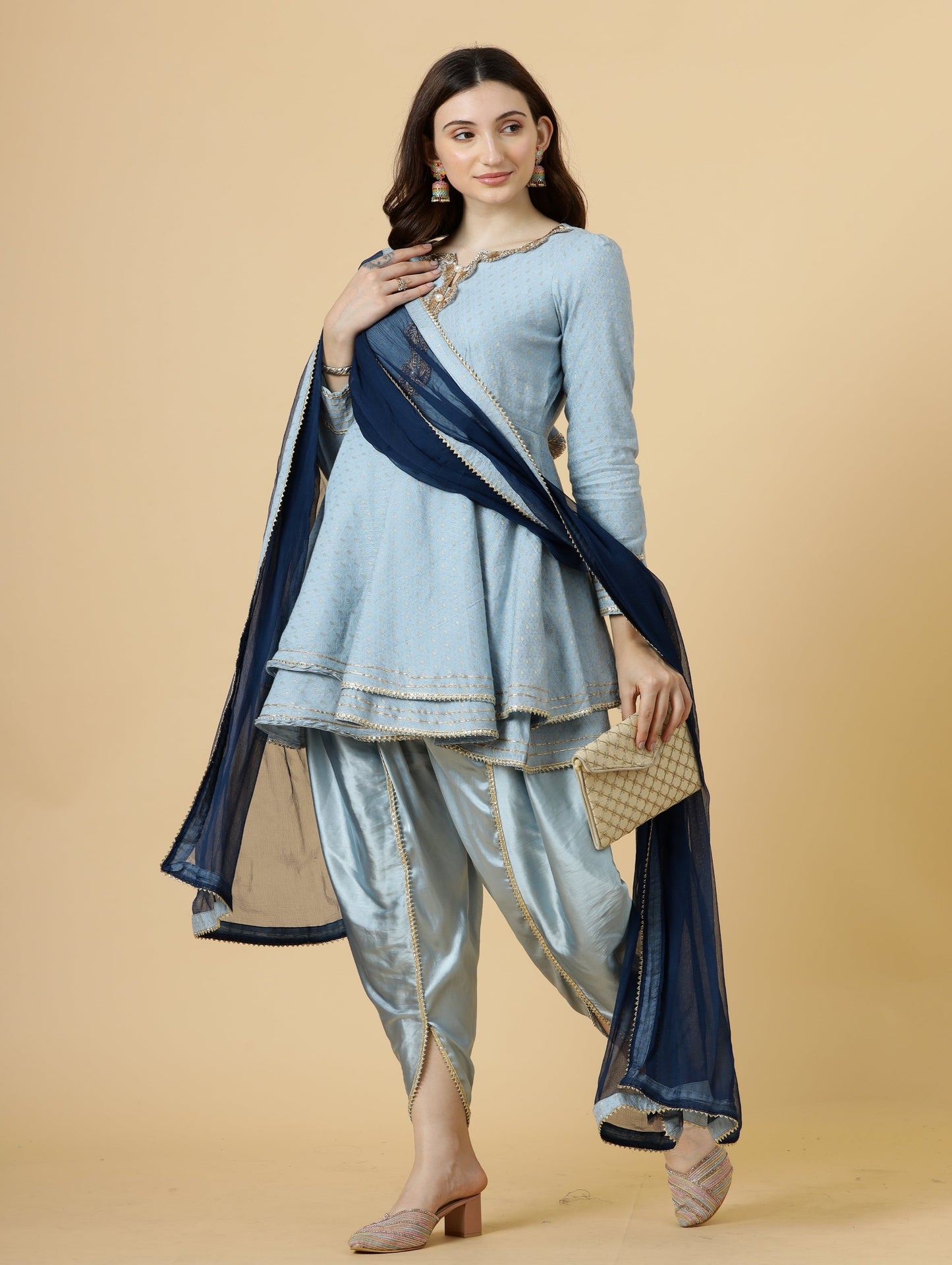 Alluring Powder Blue Brocade Silk Short Kurti with Tulip Pants