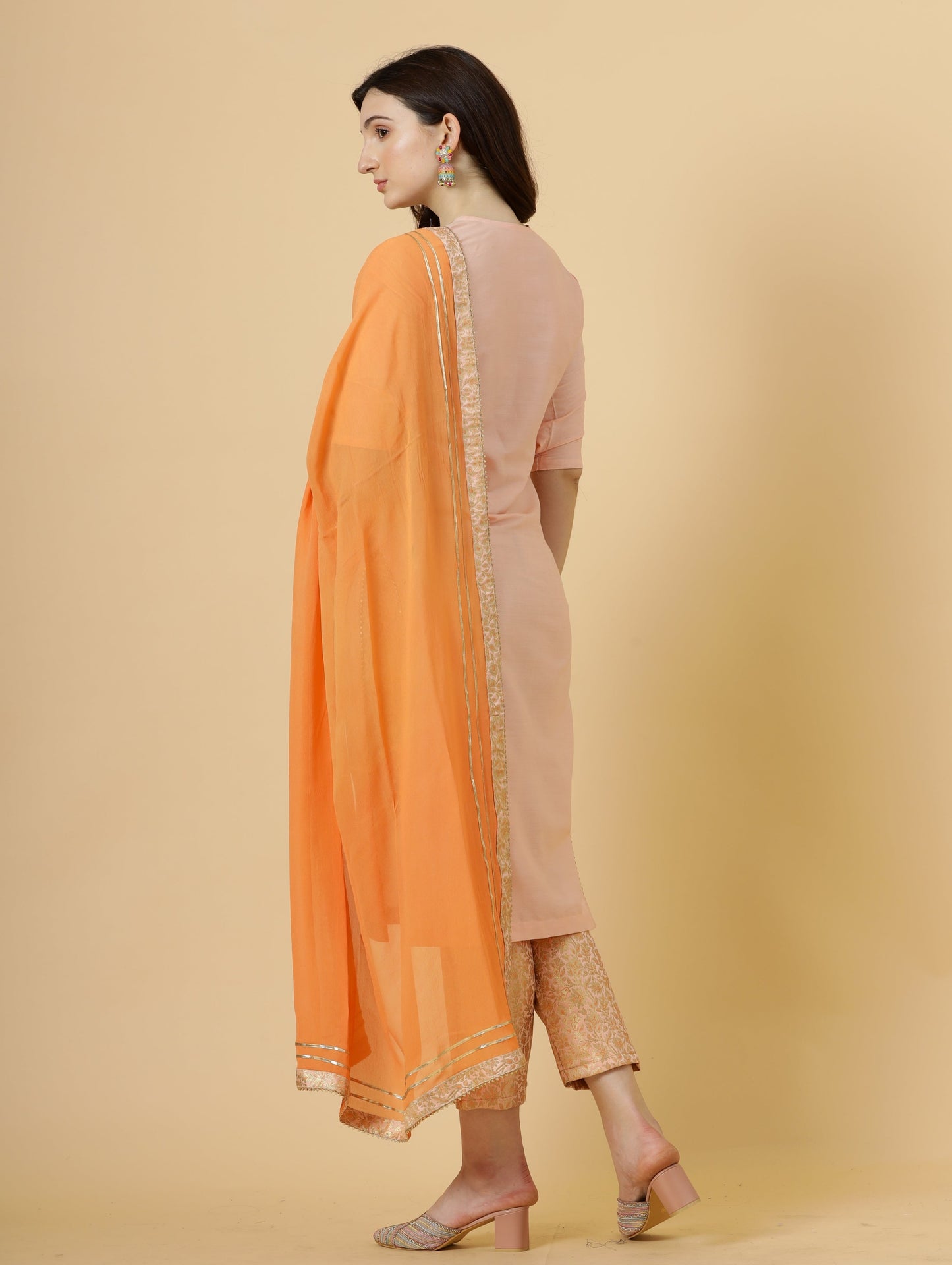 Stunning Peach Silk Straight Kurti with Brocade silk pants
