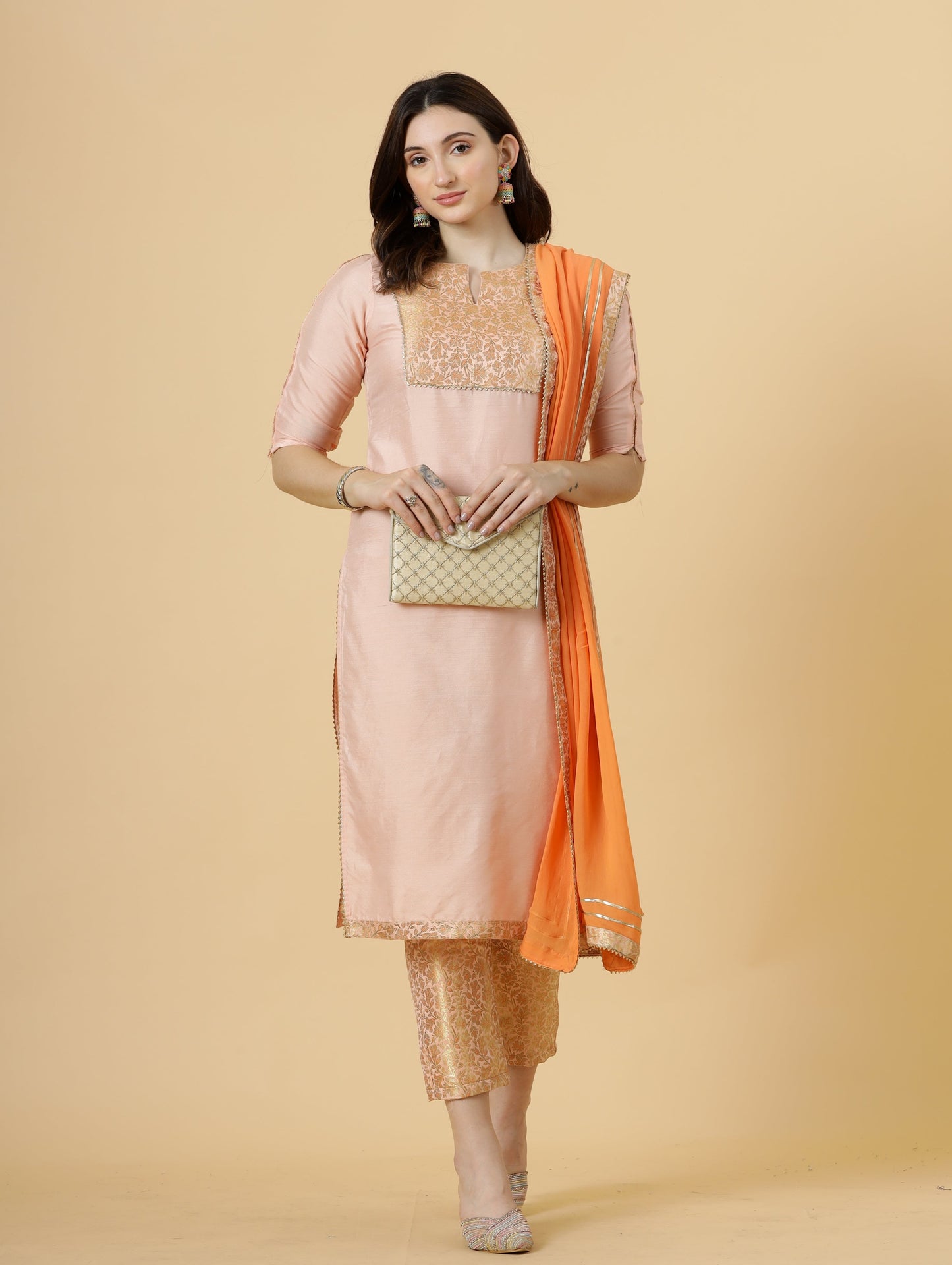 Stunning Peach Silk Straight Kurti with Brocade silk pants