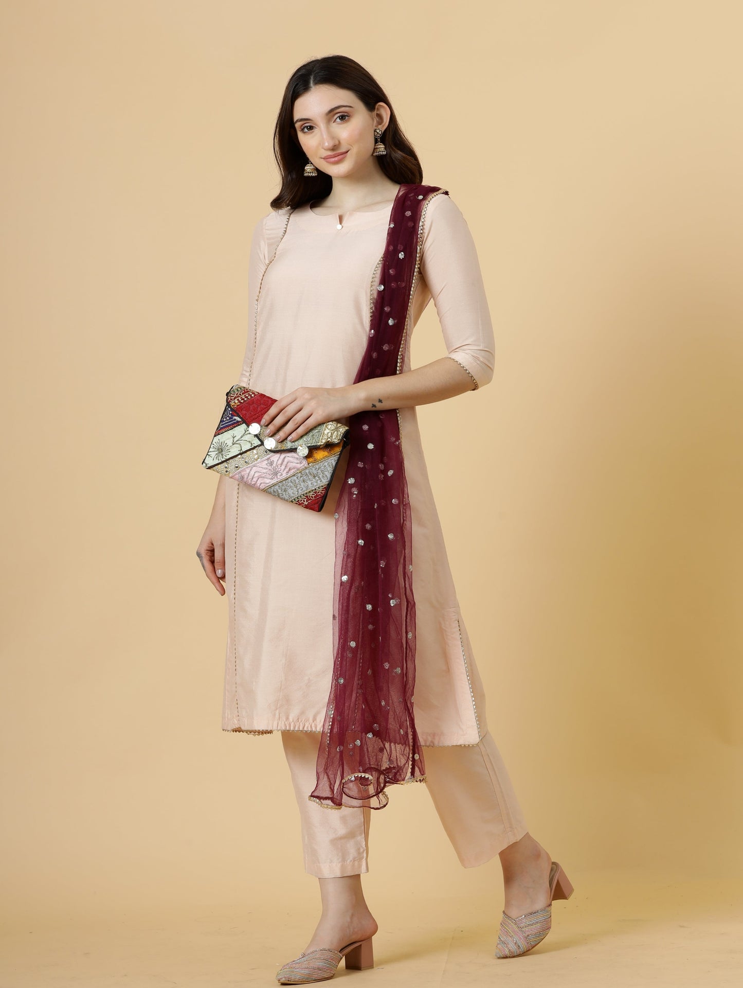 Stylish Peach A-Line Kurti-Palazzo Set paired with Wine Sequin dupatta
