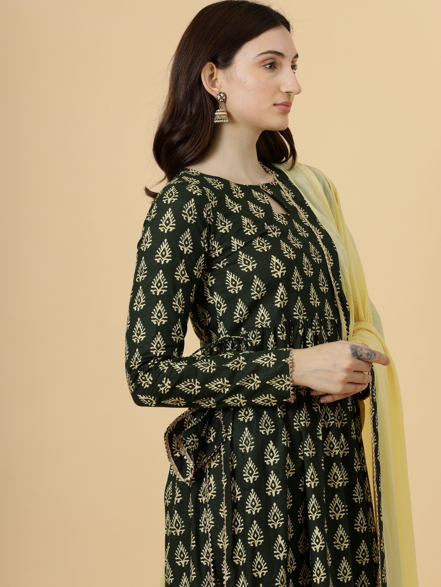 Elegant Pine Green Block Printed Sanganeri Kurti-Palazzo Set