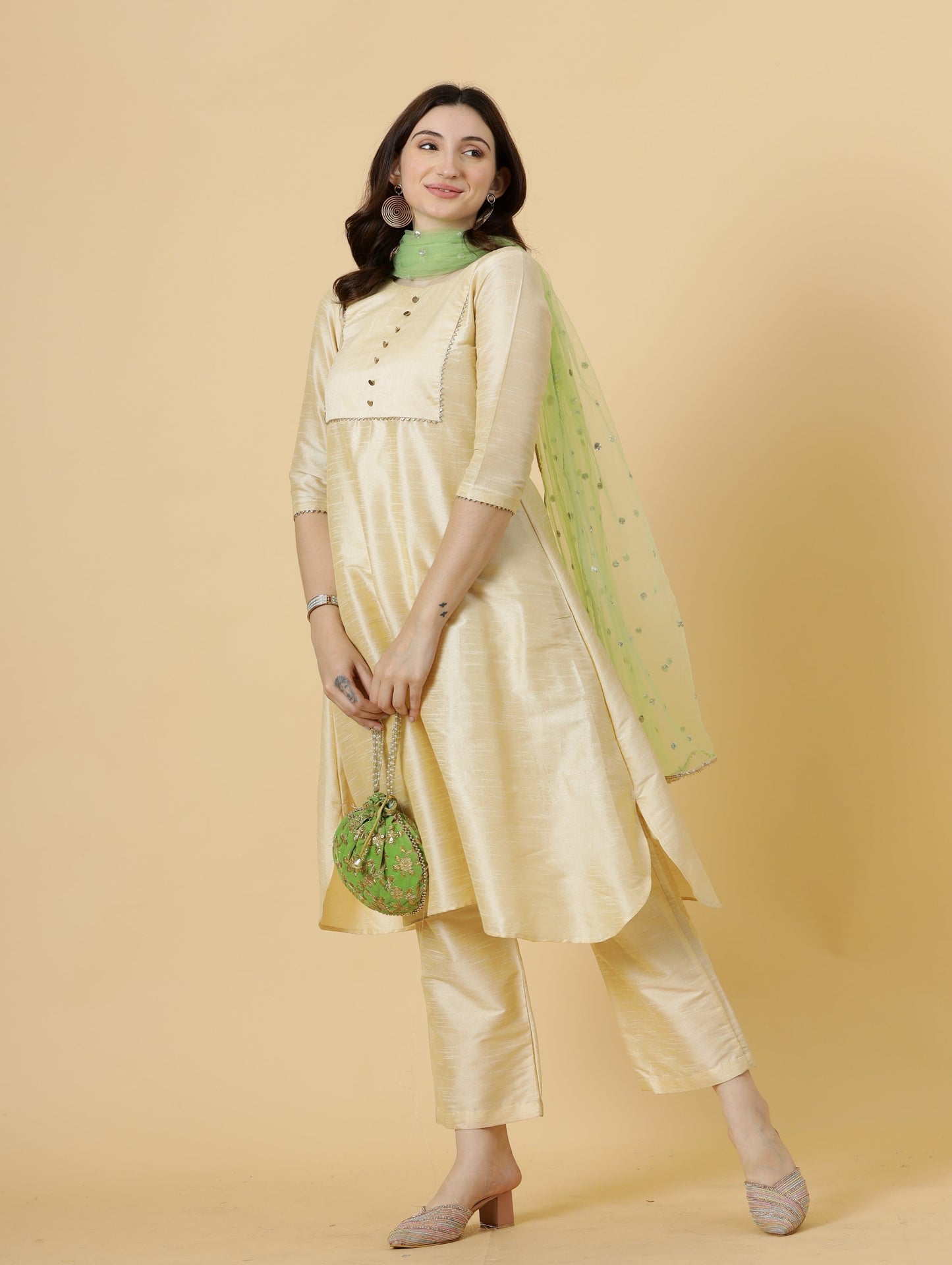 Stylish Cream A-Line Kurti-Palazzo Set paired with Lime Green Sequin dupatta