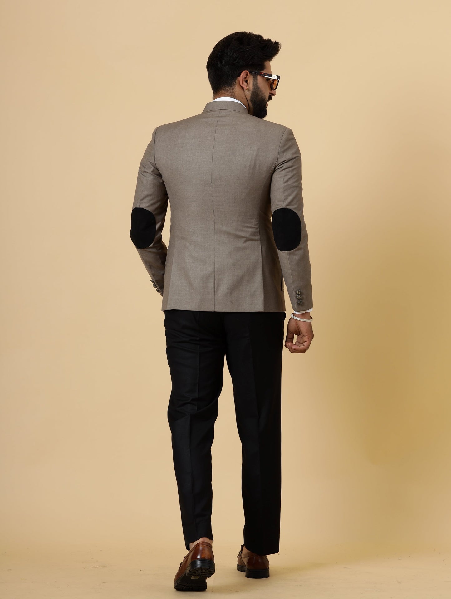 Bespoke Mink Brown Jodhpuri Bandhgala with patch elbow detail for Men | Black Trouser |
