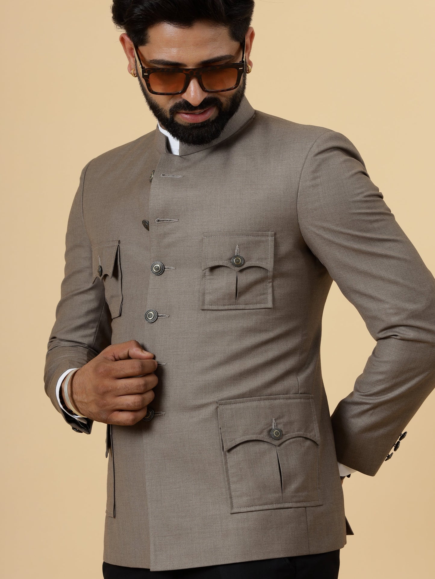 Bespoke Mink Brown Jodhpuri Bandhgala with patch elbow detail for Men | Black Trouser |