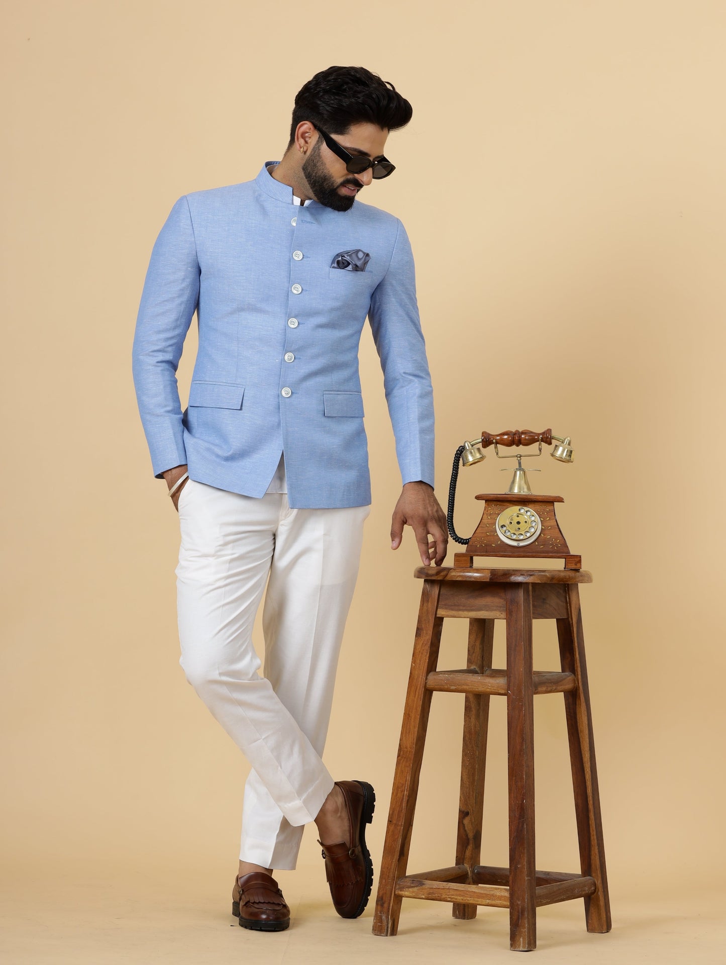 Bespoke Azure Blue Linen Jodhpuri Bandhgala Suit For Men | White Trouser |