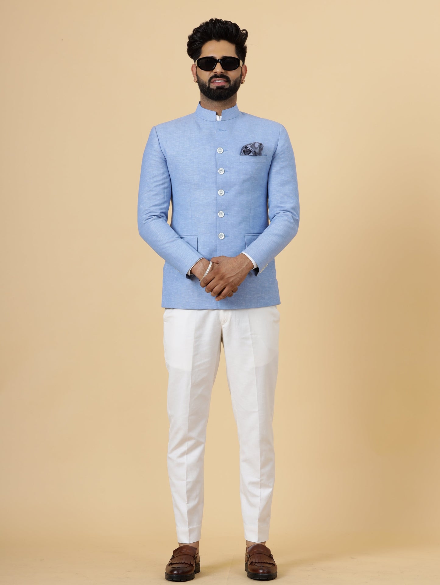 Bespoke Azure Blue Linen Jodhpuri Bandhgala Suit For Men | White Trouser |