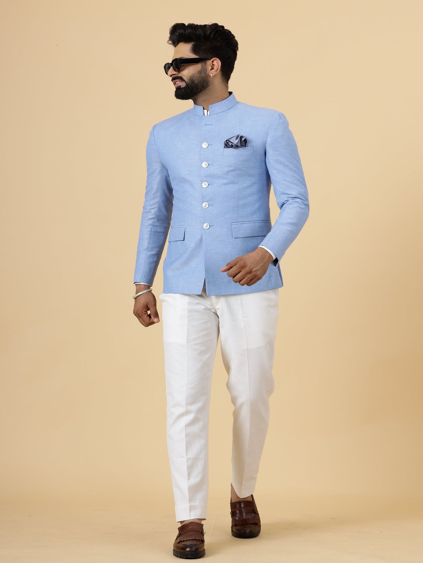 Bespoke Azure Blue Linen Jodhpuri Bandhgala Suit For Men | White Trouser |
