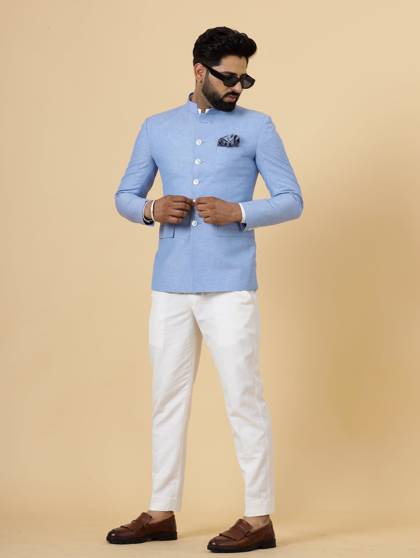 Bespoke Azure Blue Linen Jodhpuri Bandhgala Suit For Men | White Trouser |