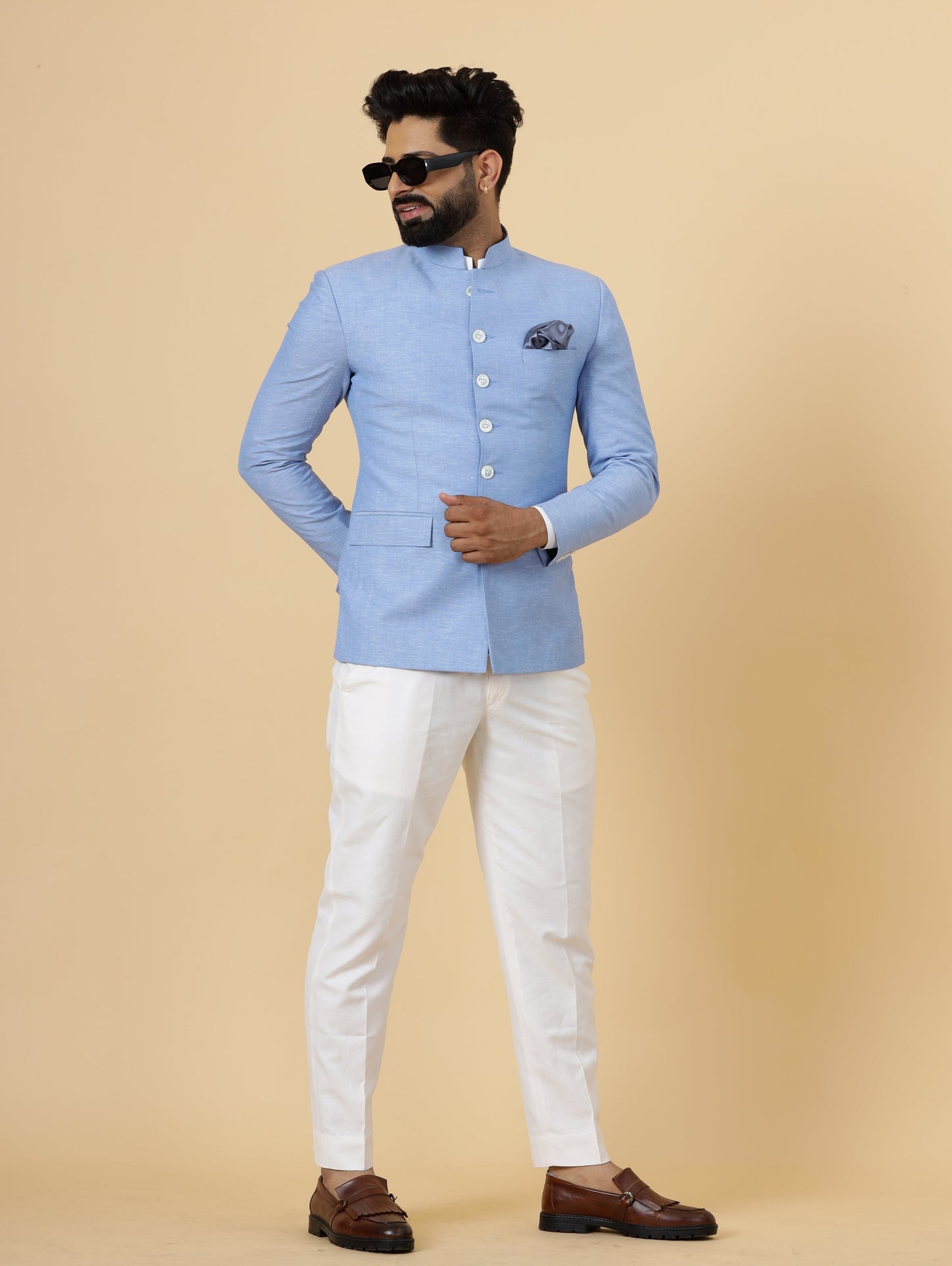 Bespoke Azure Blue Linen Jodhpuri Bandhgala Suit For Men | White Trouser |
