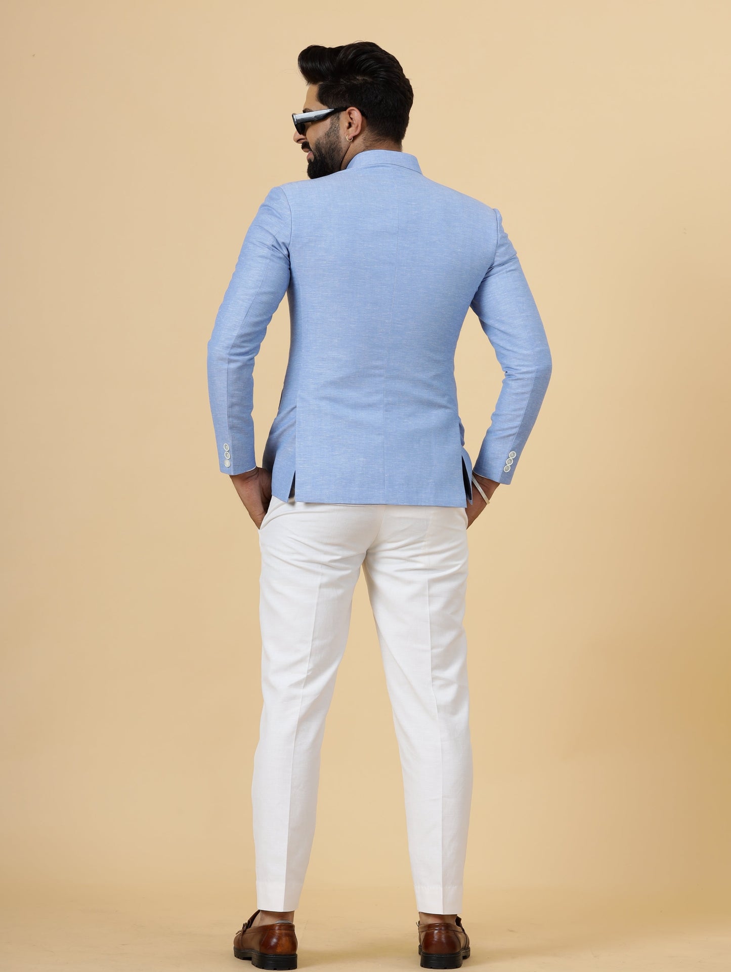 Bespoke Azure Blue Linen Jodhpuri Bandhgala Suit For Men | White Trouser |