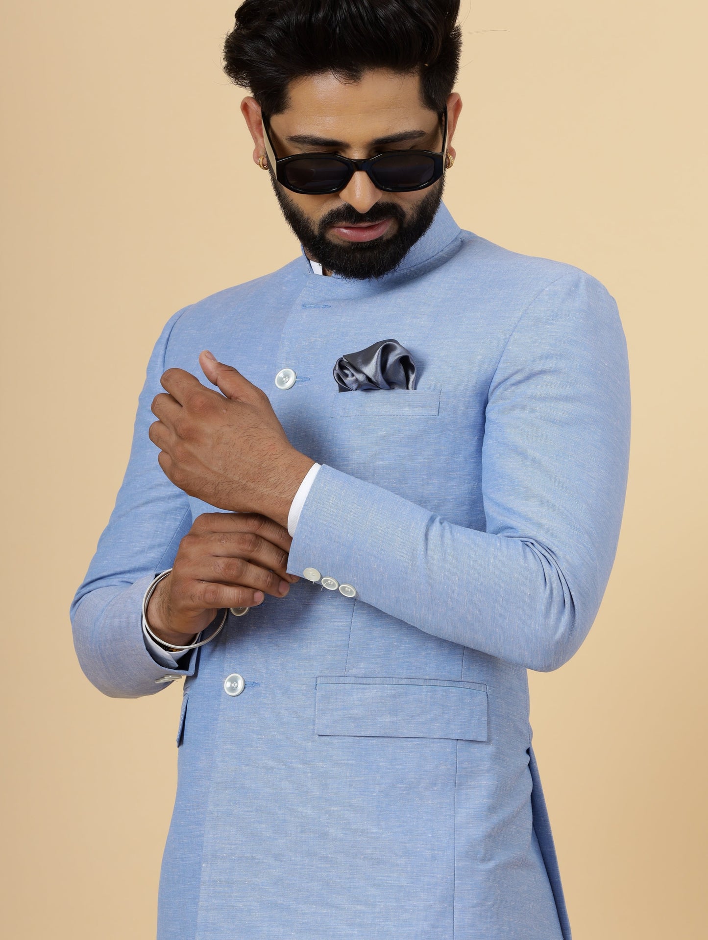 Bespoke Azure Blue Linen Jodhpuri Bandhgala Suit For Men | White Trouser |