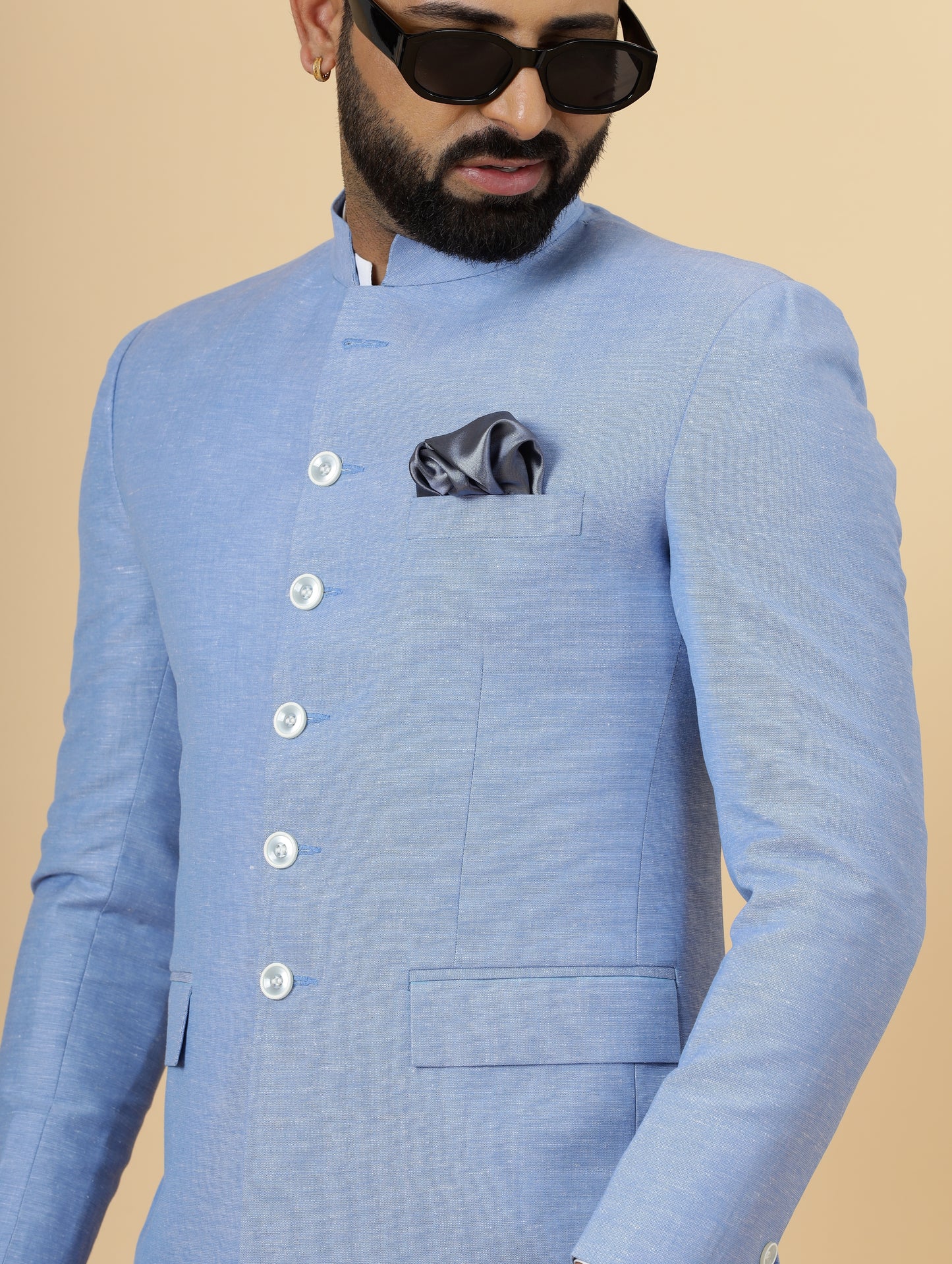 Bespoke Azure Blue Linen Jodhpuri Bandhgala Suit For Men | White Trouser |