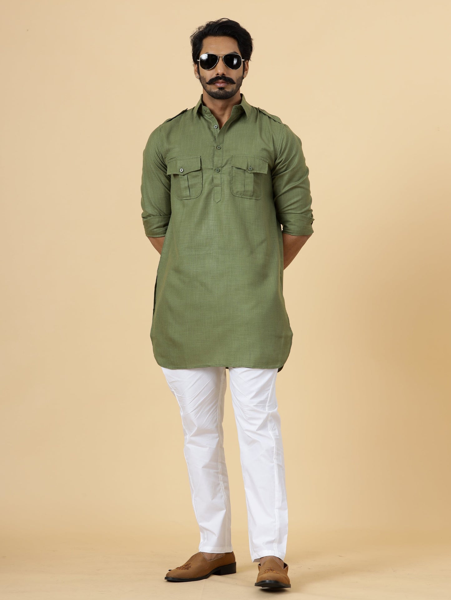 Olive Green Hunting Style Kurta with white pajama
