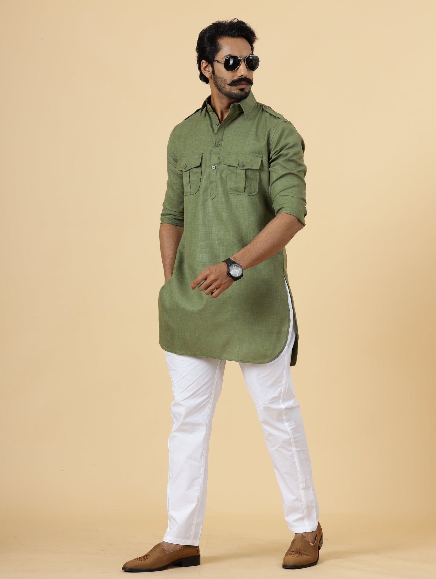 Olive Green Hunting Style Kurta with white pajama