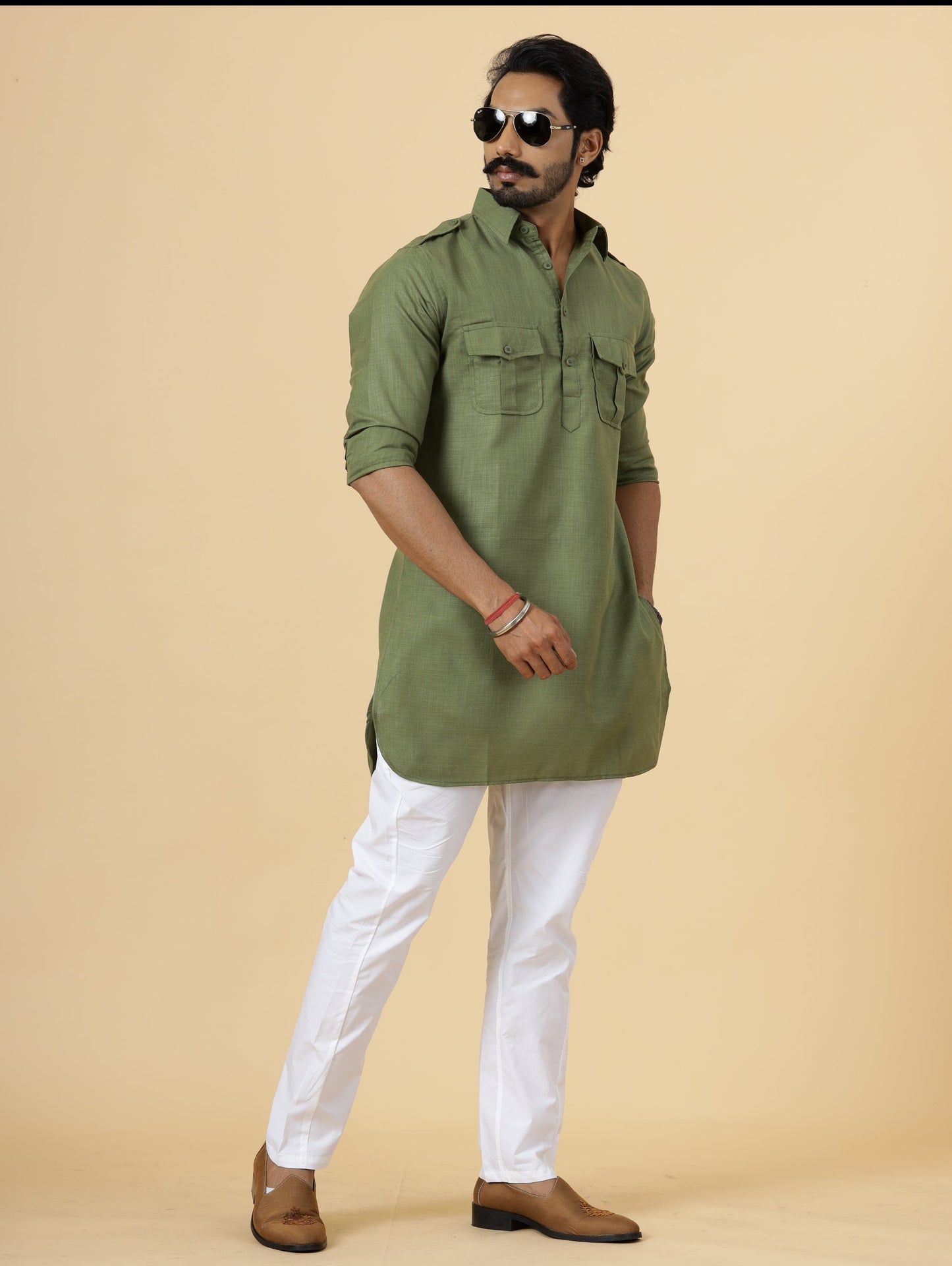 Olive Green Hunting Style Kurta with white pajama