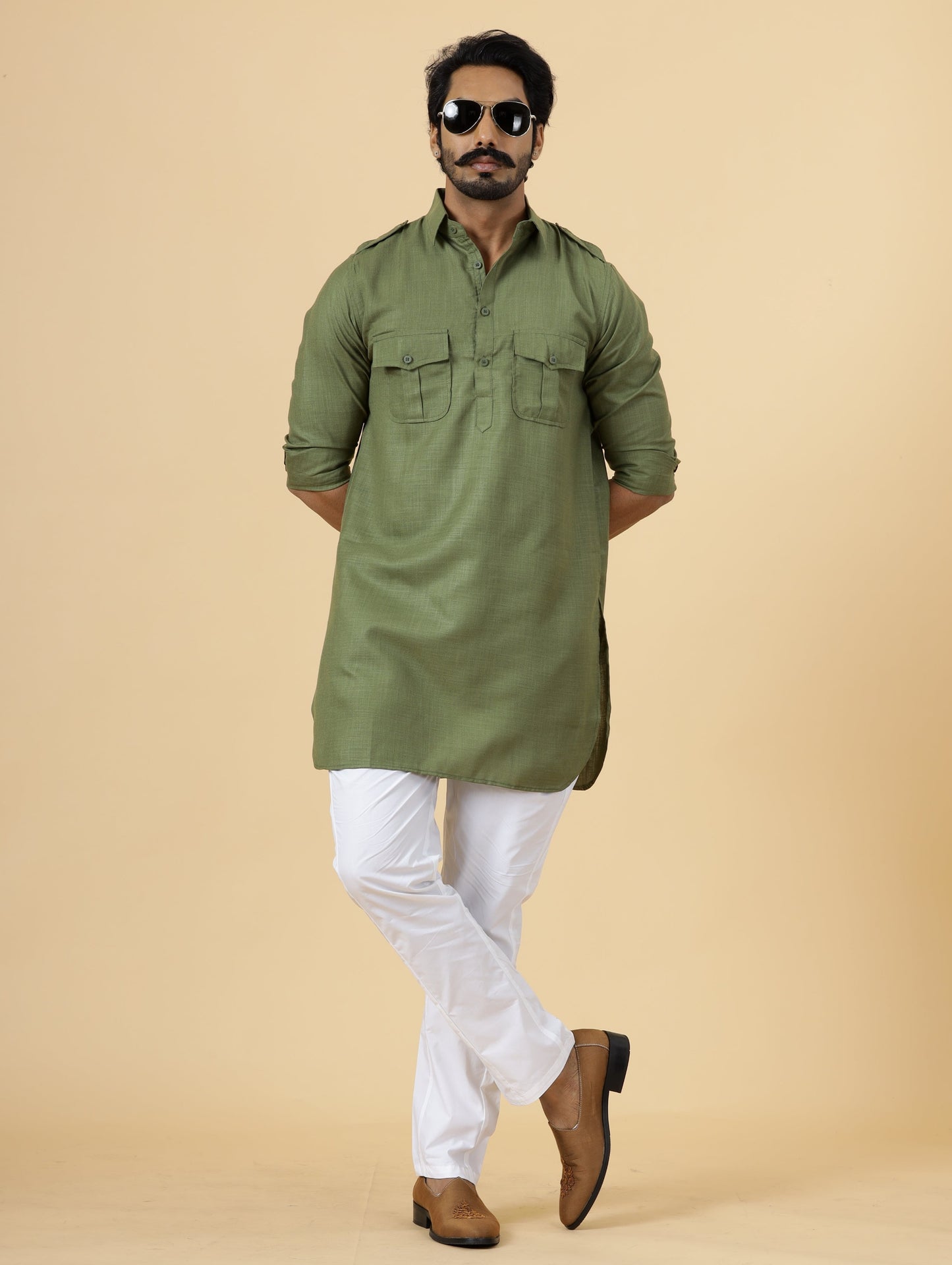 Olive Green Hunting Style Kurta with white pajama