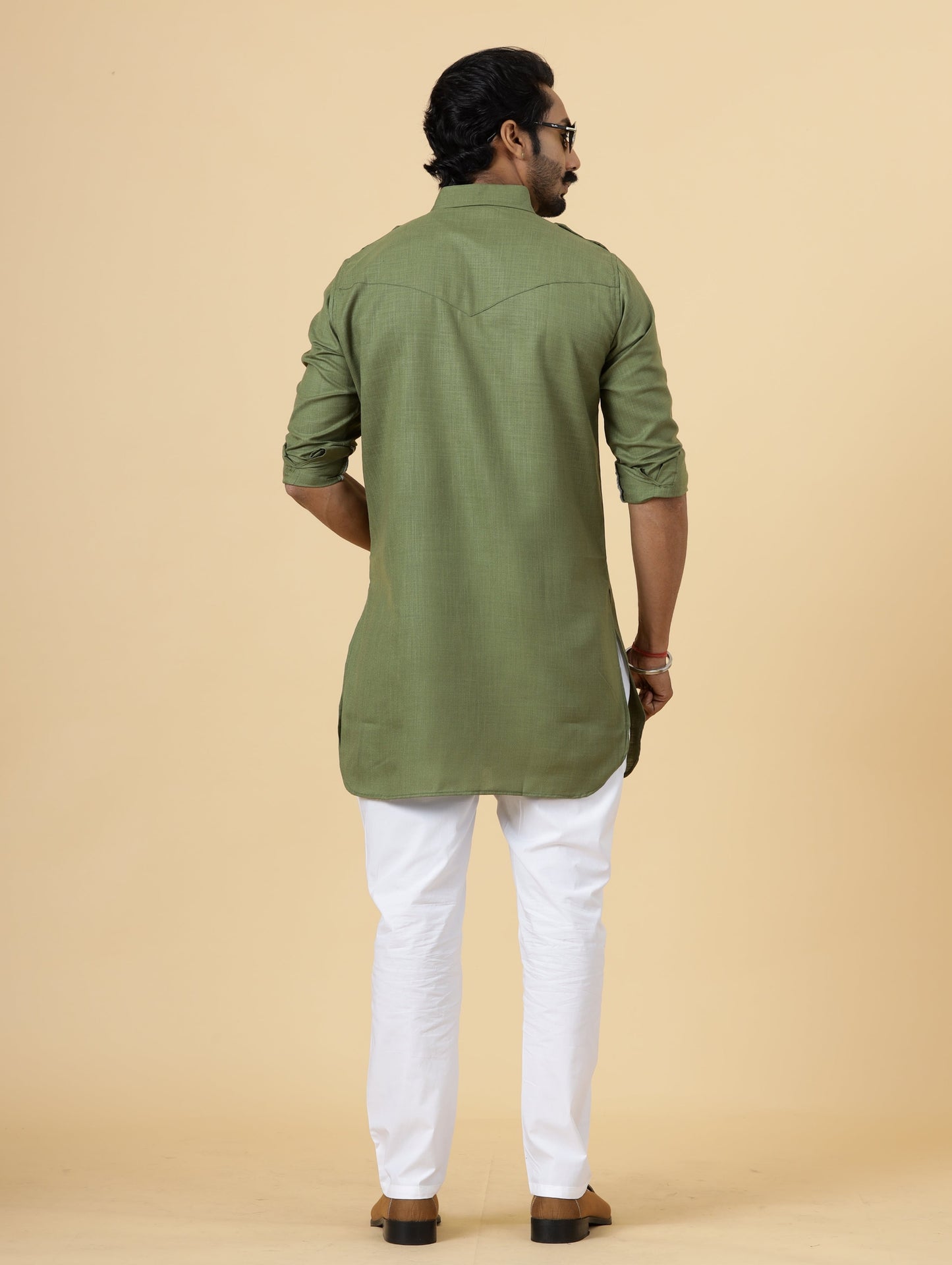 Olive Green Hunting Style Kurta with white pajama