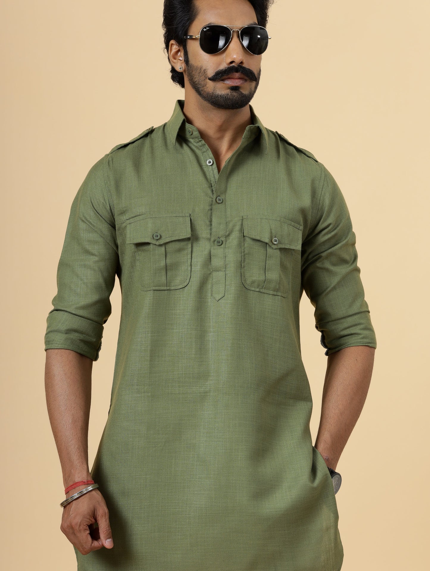 Olive Green Hunting Style Kurta with white pajama