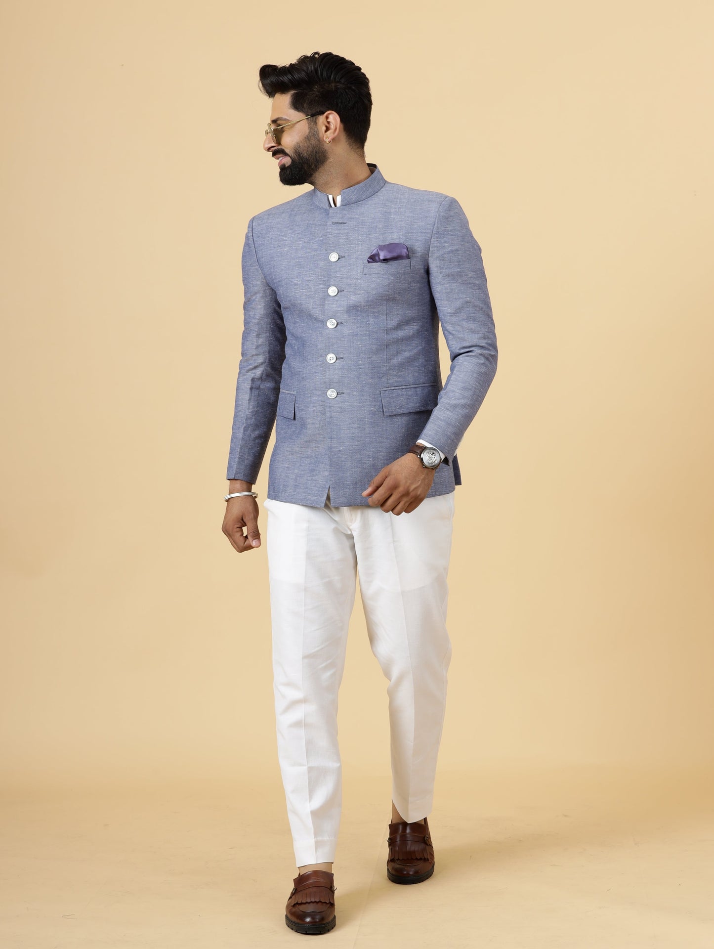 Bespoke Midnight Blue Linen Jodhpuri Bandhgala Suit For Men | White Trouser |