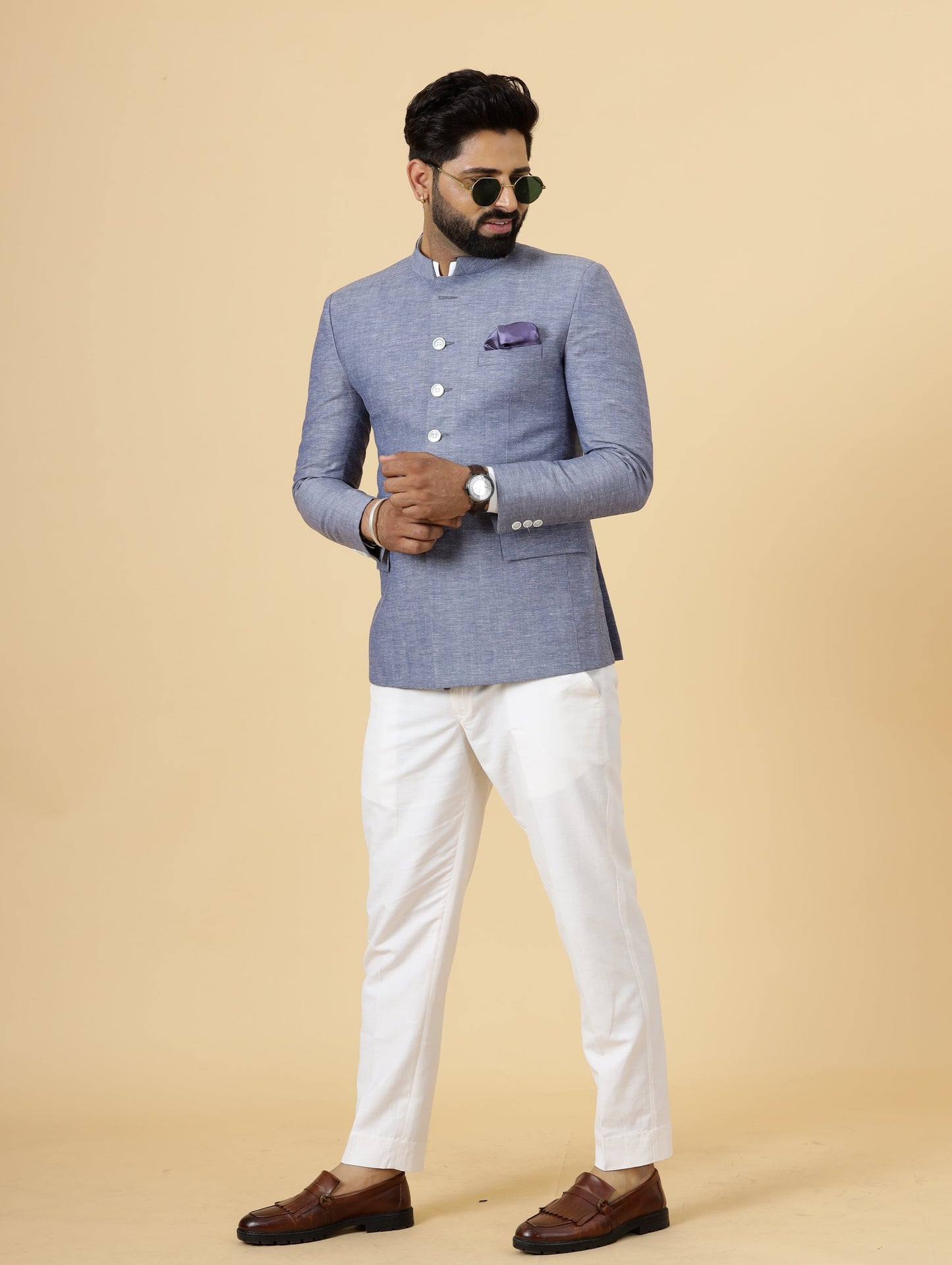 Bespoke Midnight Blue Linen Jodhpuri Bandhgala Suit For Men | White Trouser |
