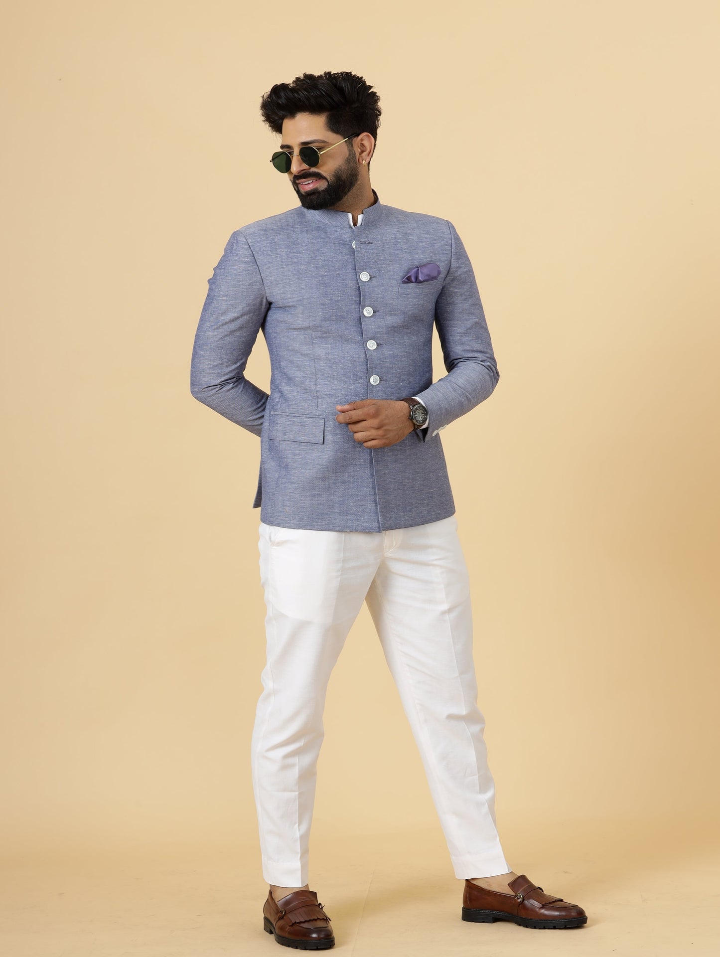 Bespoke Midnight Blue Linen Jodhpuri Bandhgala Suit For Men | White Trouser |