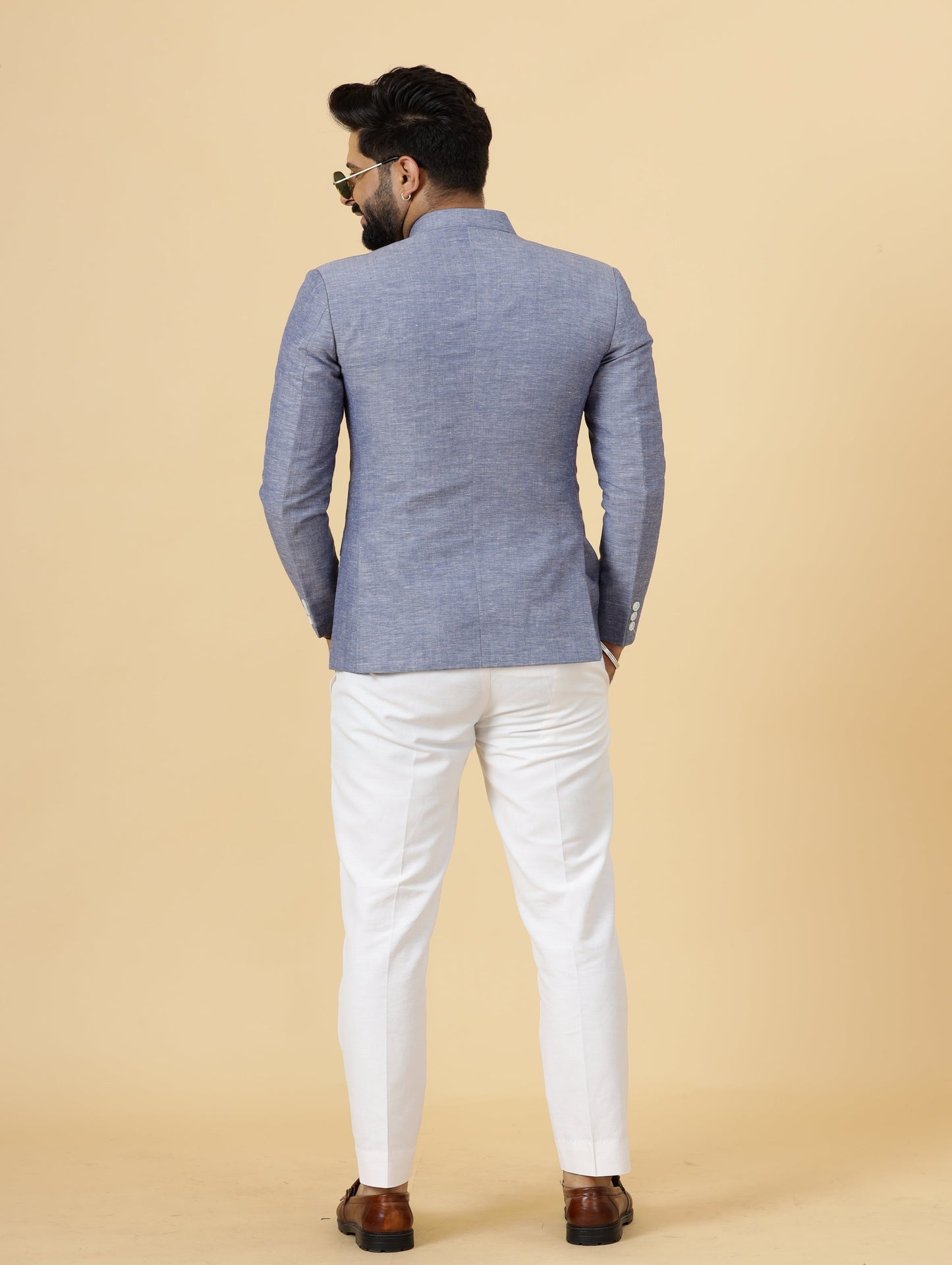 Bespoke Midnight Blue Linen Jodhpuri Bandhgala Suit For Men | White Trouser |