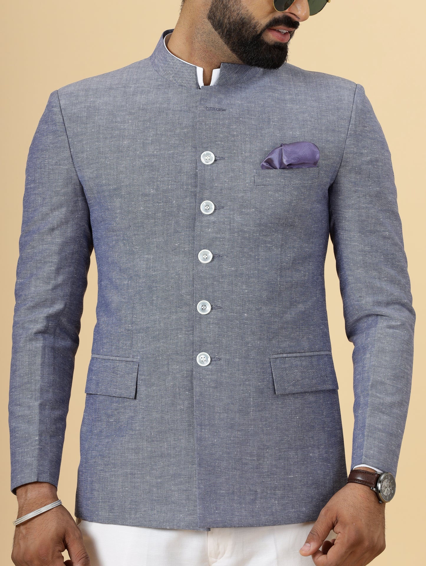 Bespoke Midnight Blue Linen Jodhpuri Bandhgala Suit For Men | White Trouser |