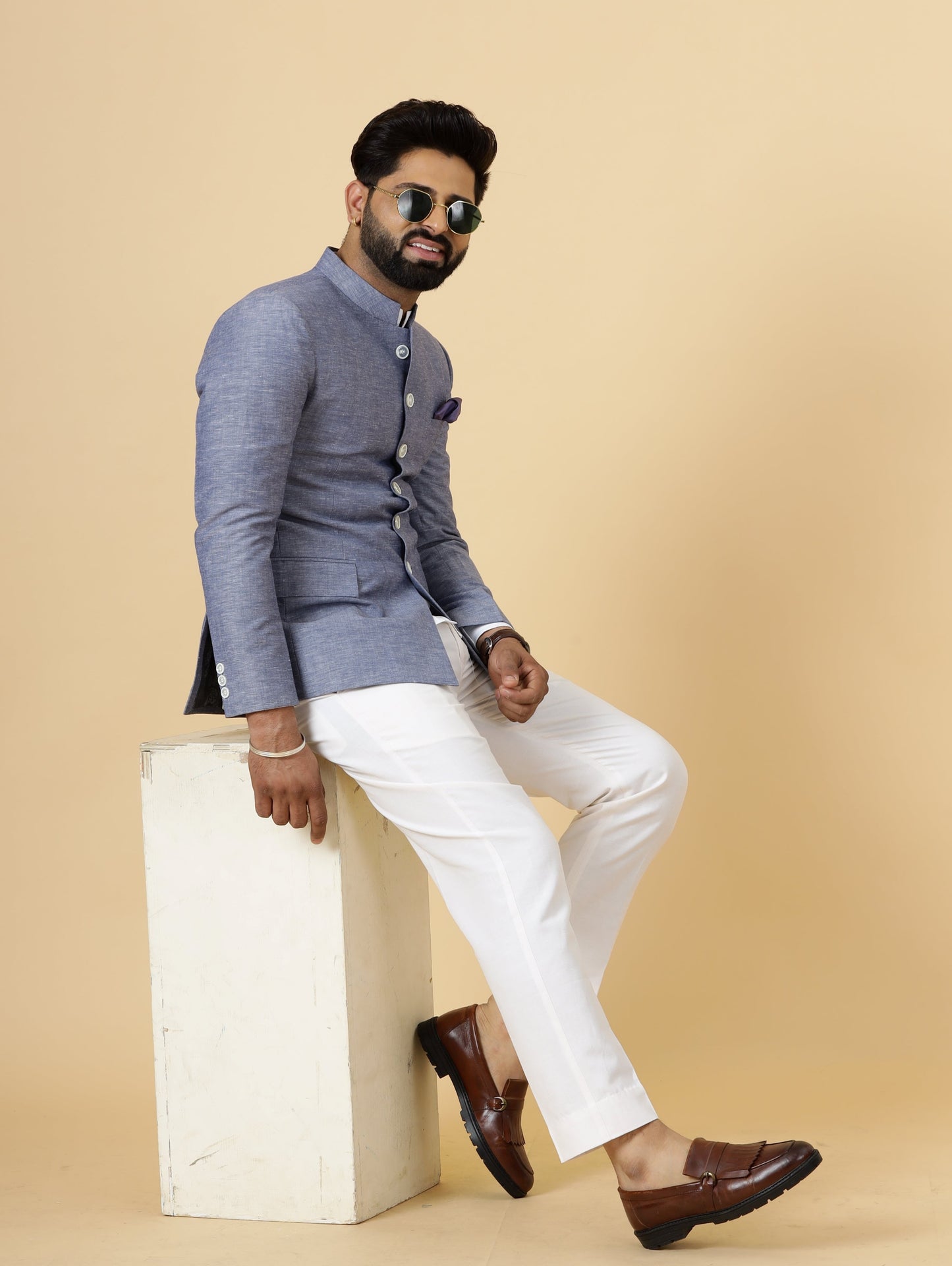 Bespoke Midnight Blue Linen Jodhpuri Bandhgala Suit For Men | White Trouser |