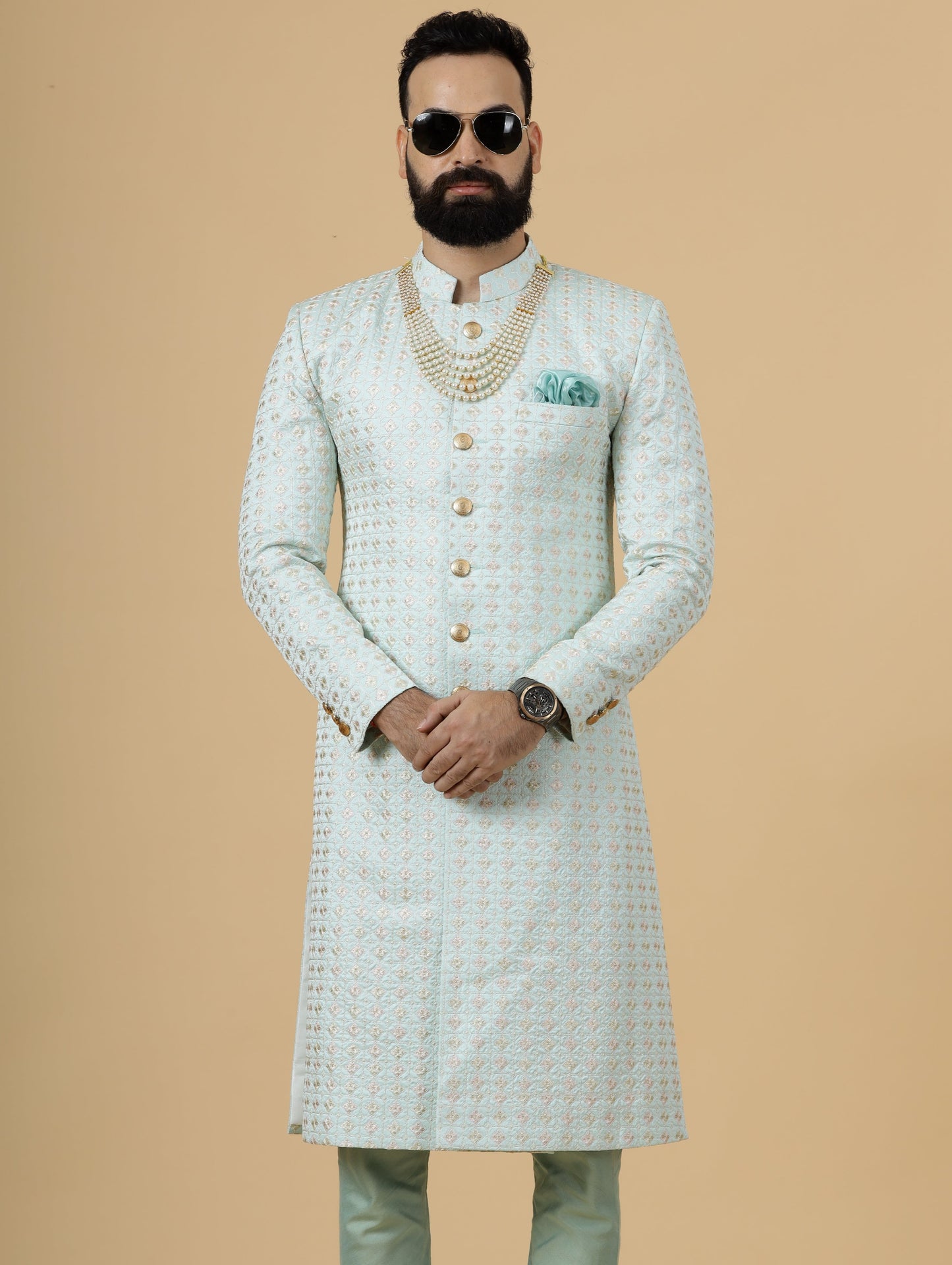 Alluring Mint Green Floral thread embroidered Sherwani for Men | Father Son Combo |Perfect for Grooms