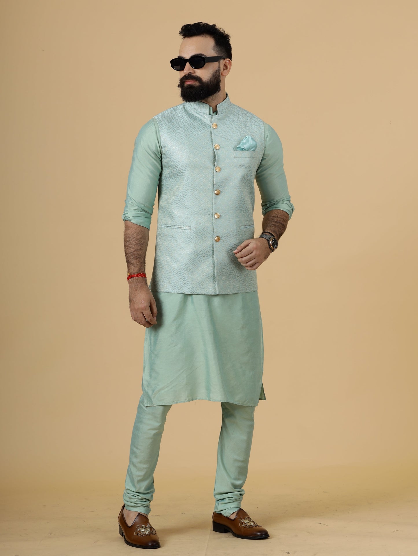 Stunning Sea Foam Geometric Pattern Brocade Silk Half Jodhpuri Jacket with Sea Green Kurta-Pajama for Men