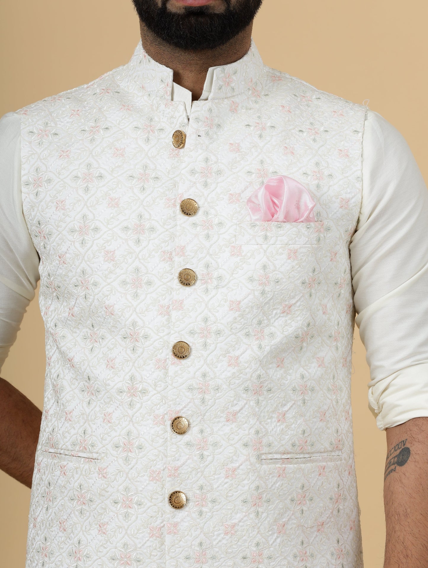 Stunning White Thread Embroidered Silk Half Jodhpuri Jacket with Off-White Kurta-Pajama for Men