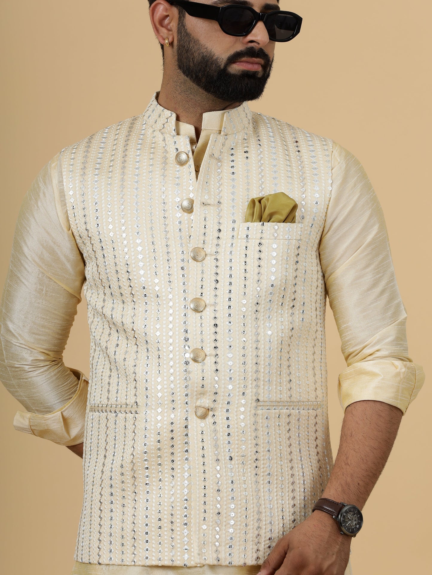 Alluring Beige Mirror Embroidered Silk Half Jodhpuri Jacket with Cream Kurta-Pajama for Men