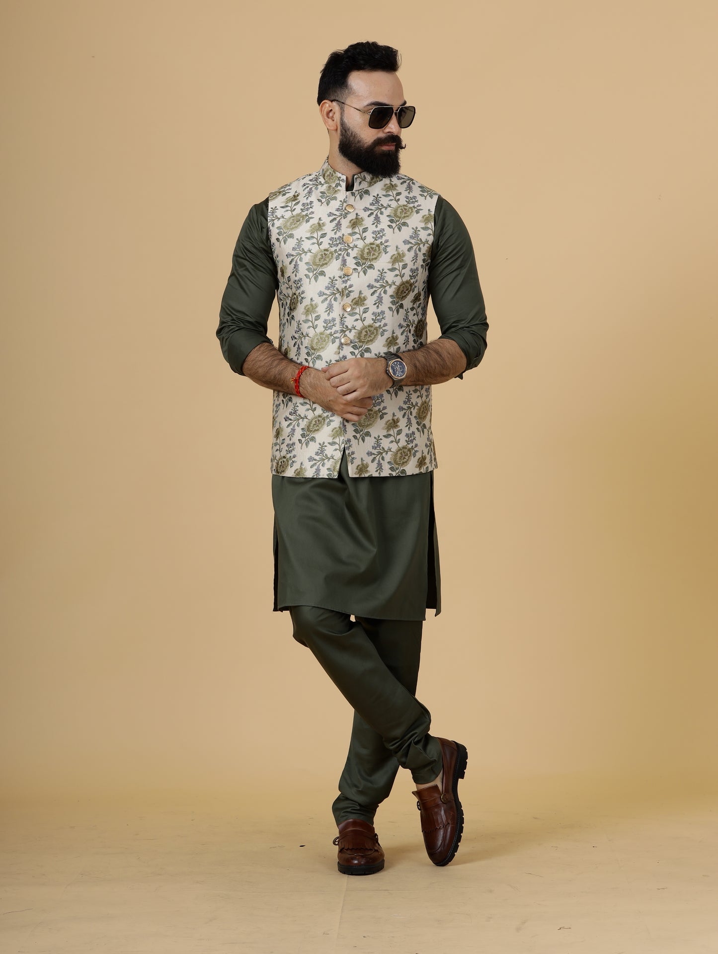 Olive Green Kurta Pajama Set With Banarasi Embroidery Fawn Color Nehru Jacket