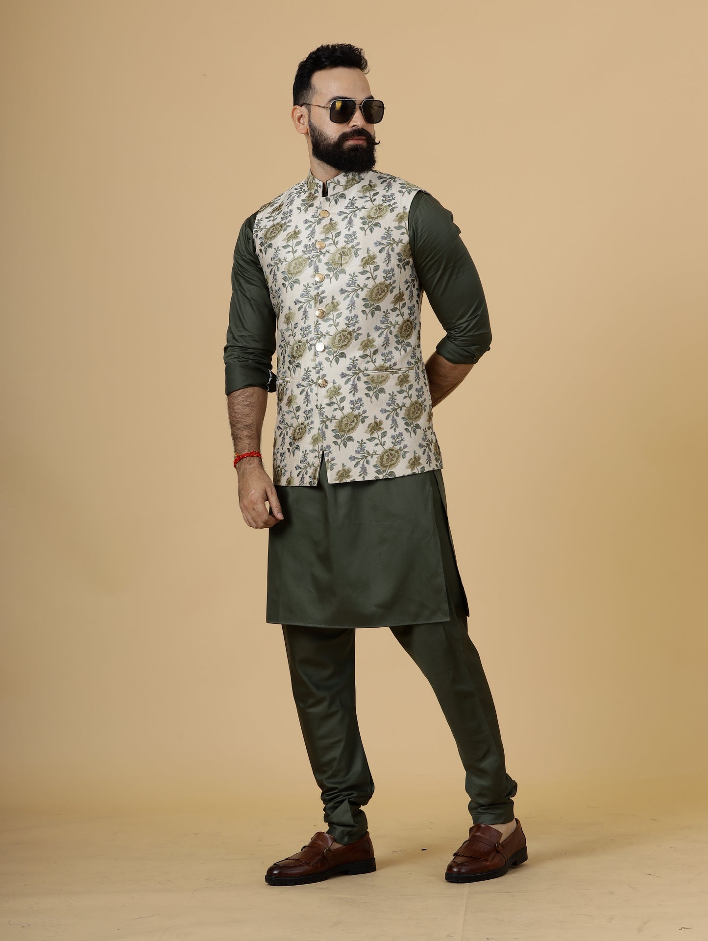 Olive Green Kurta Pajama Set With Banarasi Embroidery Fawn Color Nehru Jacket