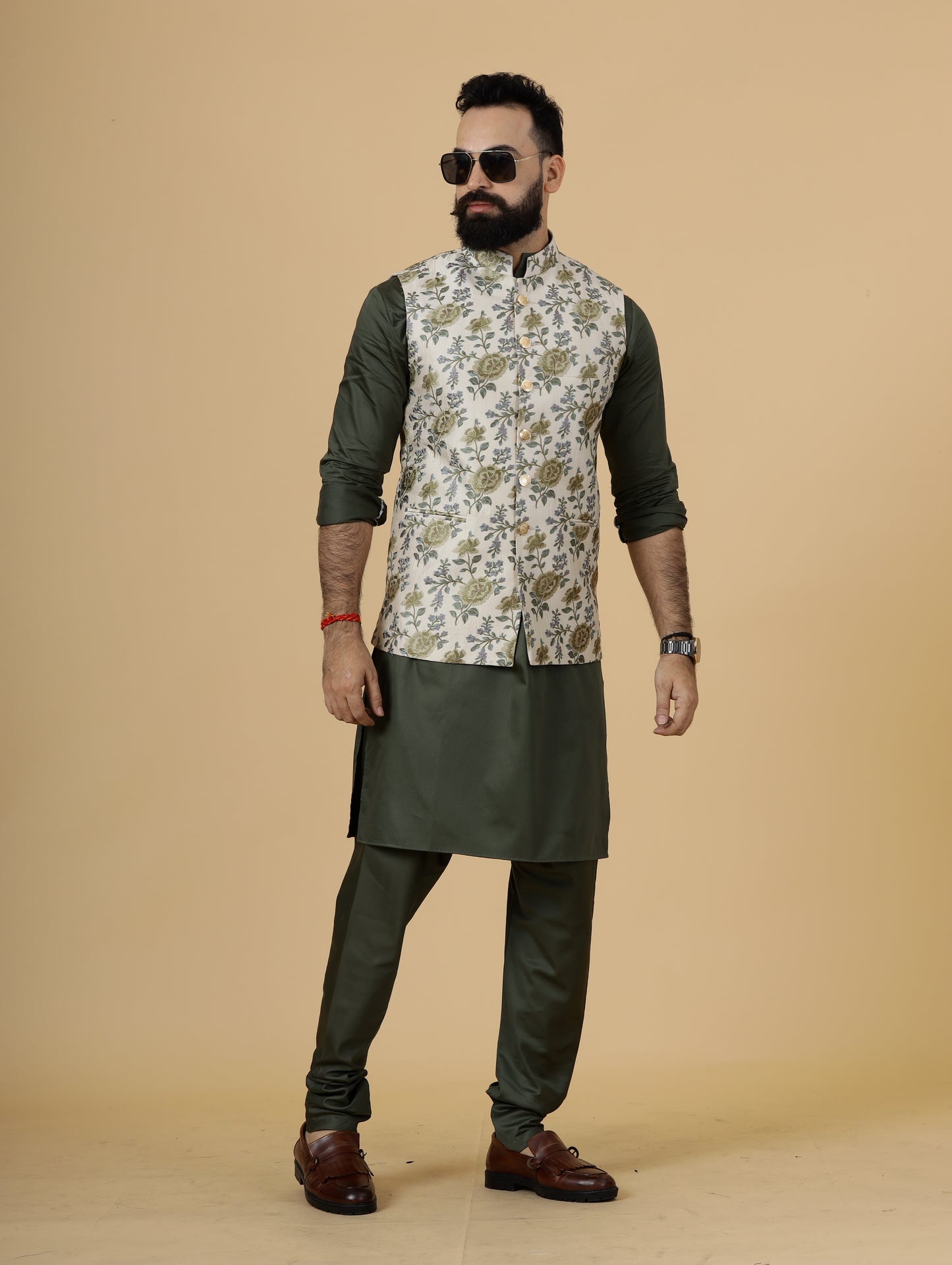 Olive Green Kurta Pajama Set With Banarasi Embroidery Fawn Color Nehru Jacket