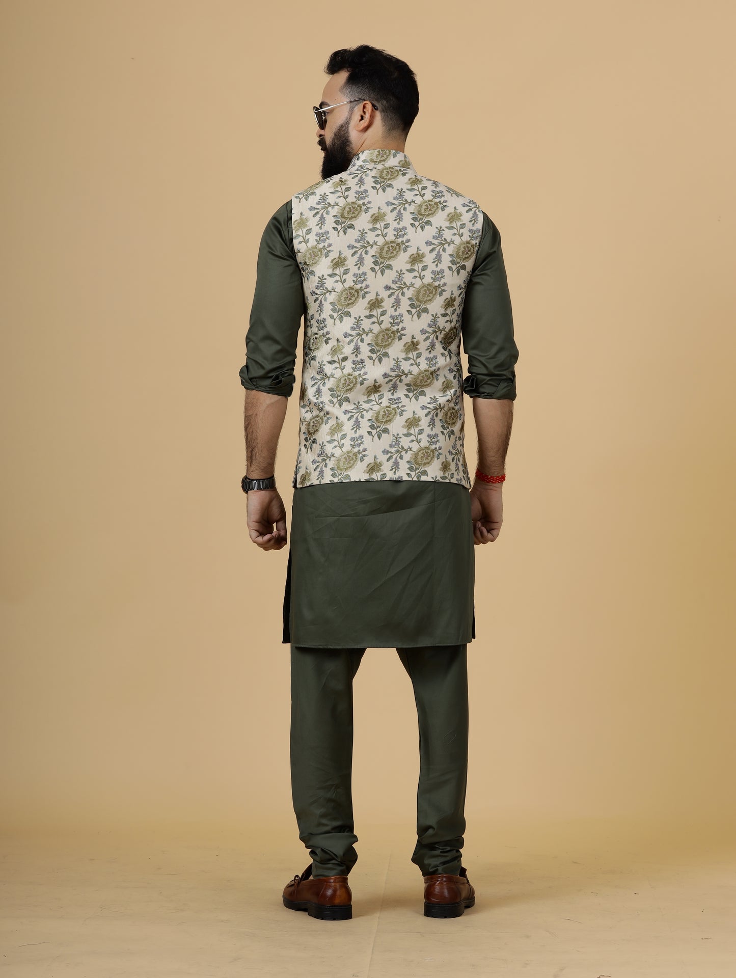 Olive Green Kurta Pajama Set With Banarasi Embroidery Fawn Color Nehru Jacket