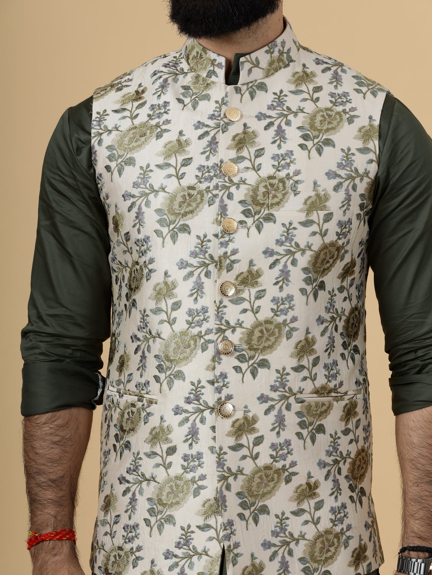 Olive Green Kurta Pajama Set With Banarasi Embroidery Fawn Color Nehru Jacket