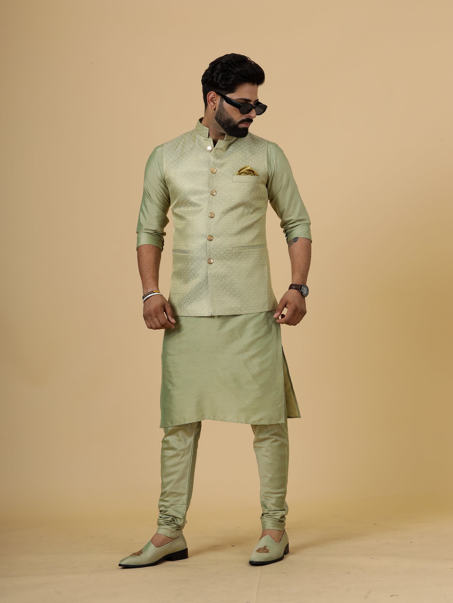 Alluring Lime Gold Banarsi Silk Half Jodhpuri Jacket with Lime Green Kurta-Pajama for Men