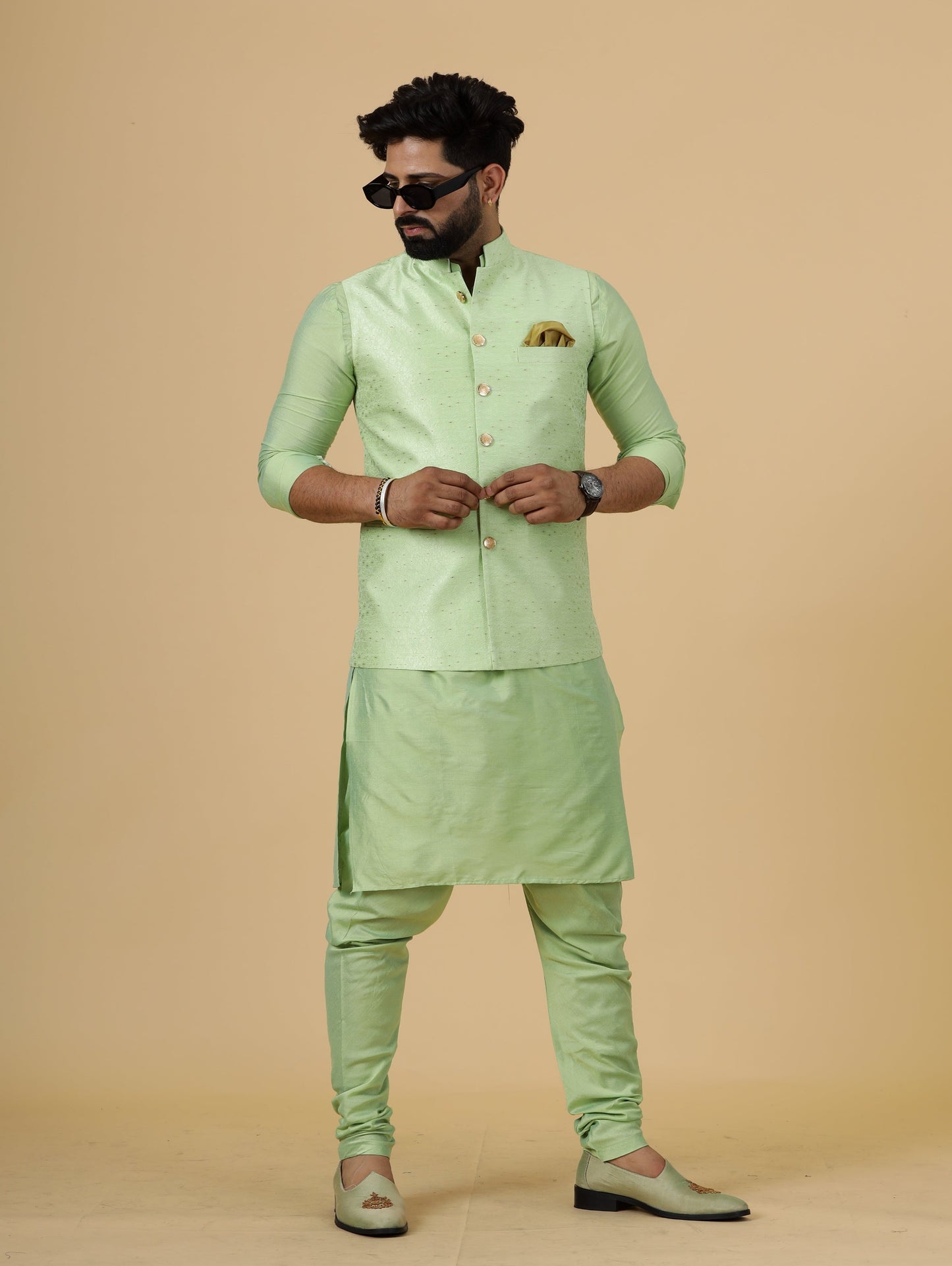 Stunning Pistachio Green Banarasi Silk with Pistachio Green Kurta-Pajama for Men