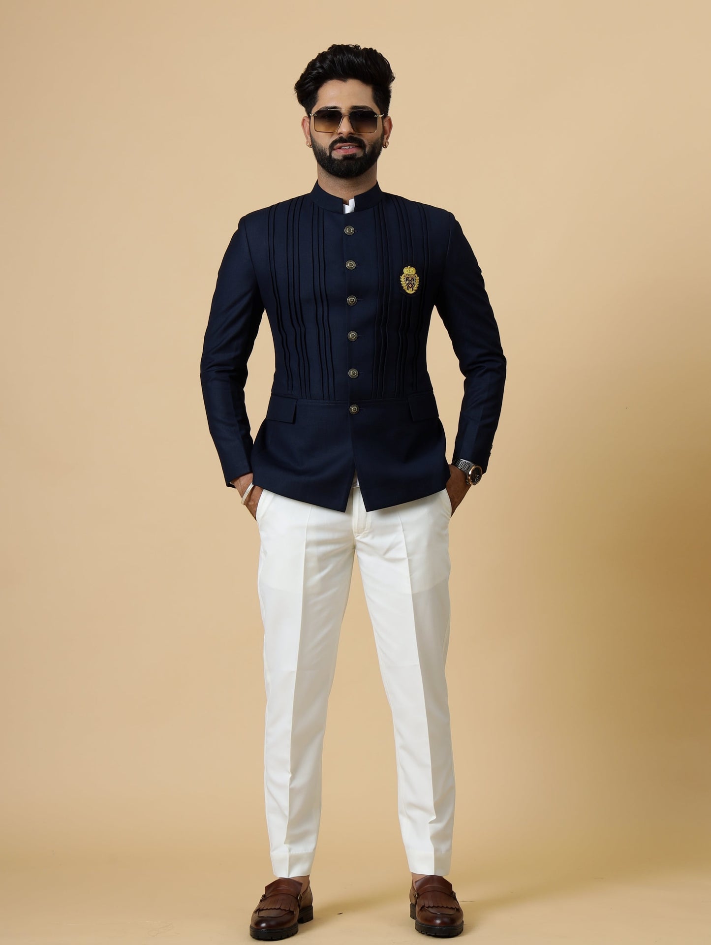 Alluring Navy Blue Pleated Jodhpuri Bandhgala with embroidered Patch | White Trouser