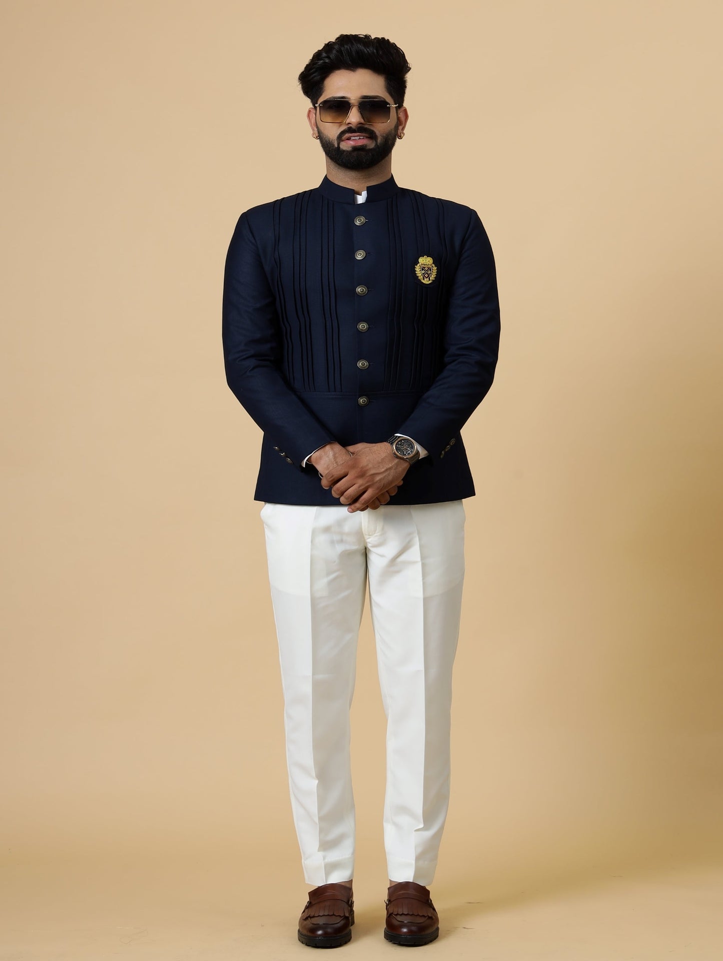 Alluring Navy Blue Pleated Jodhpuri Bandhgala with embroidered Patch | White Trouser