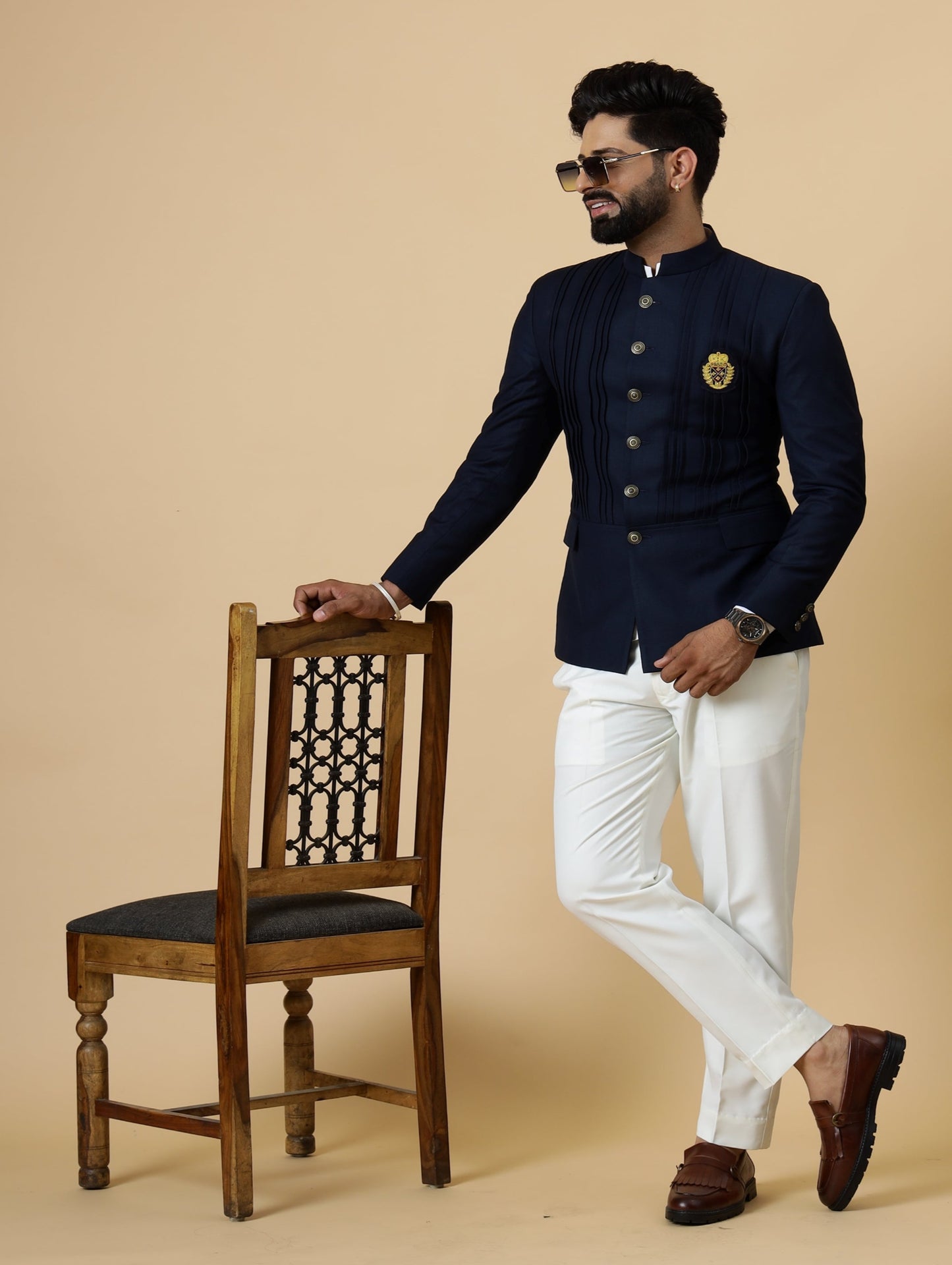 Alluring Navy Blue Pleated Jodhpuri Bandhgala with embroidered Patch | White Trouser