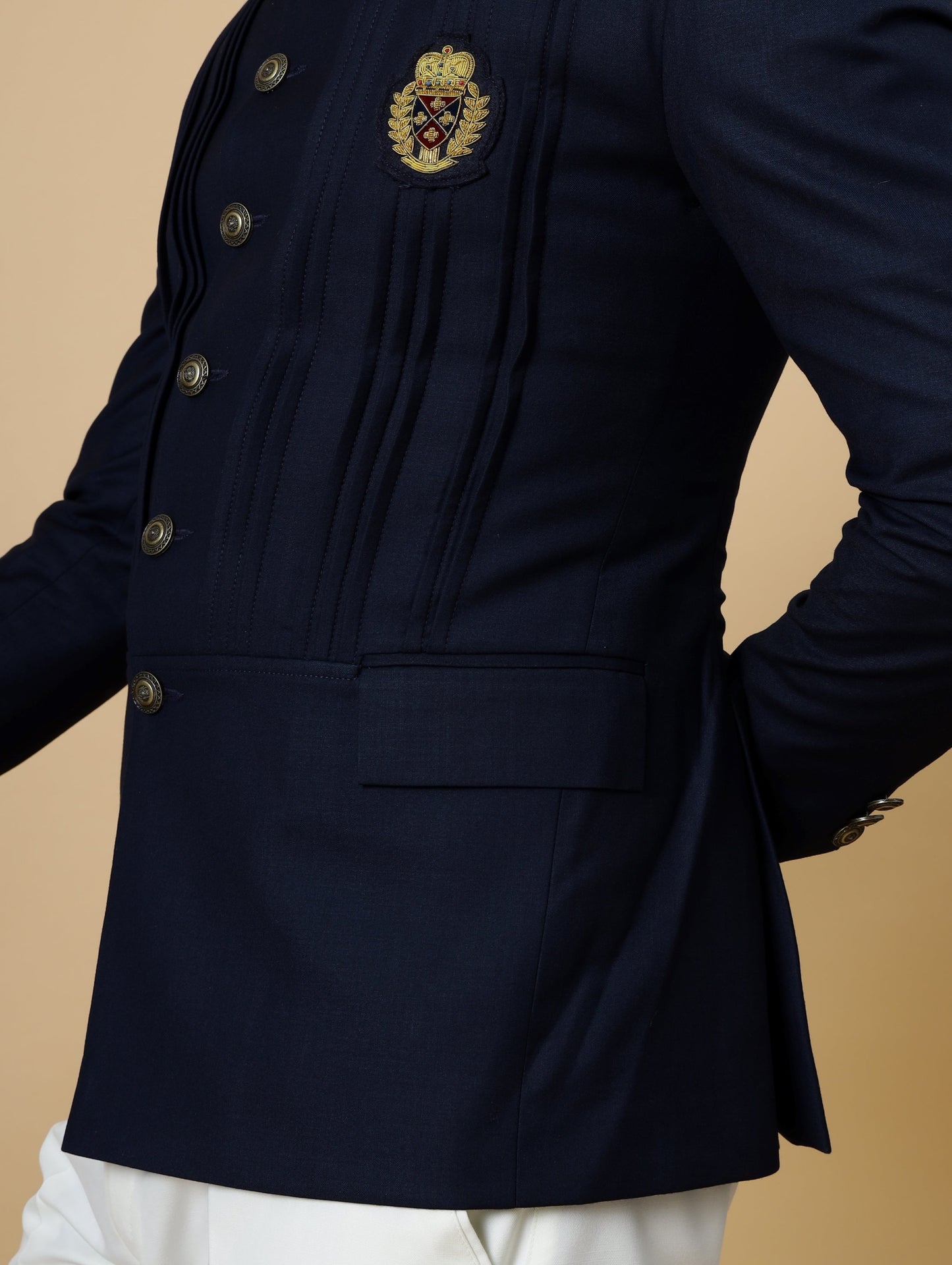 Alluring Navy Blue Pleated Jodhpuri Bandhgala with embroidered Patch | White Trouser