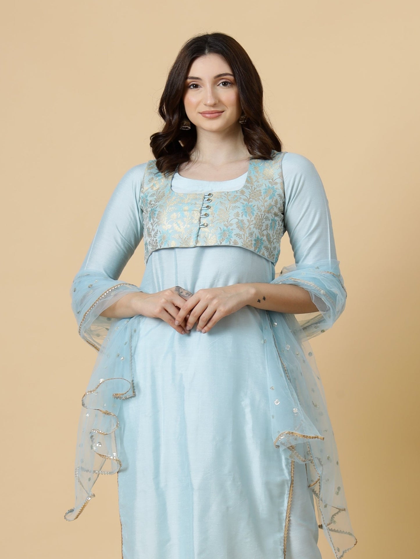 Classic Sky Blue Kurti-Palazzo Set paired with Floral Brocade Silk Jacket