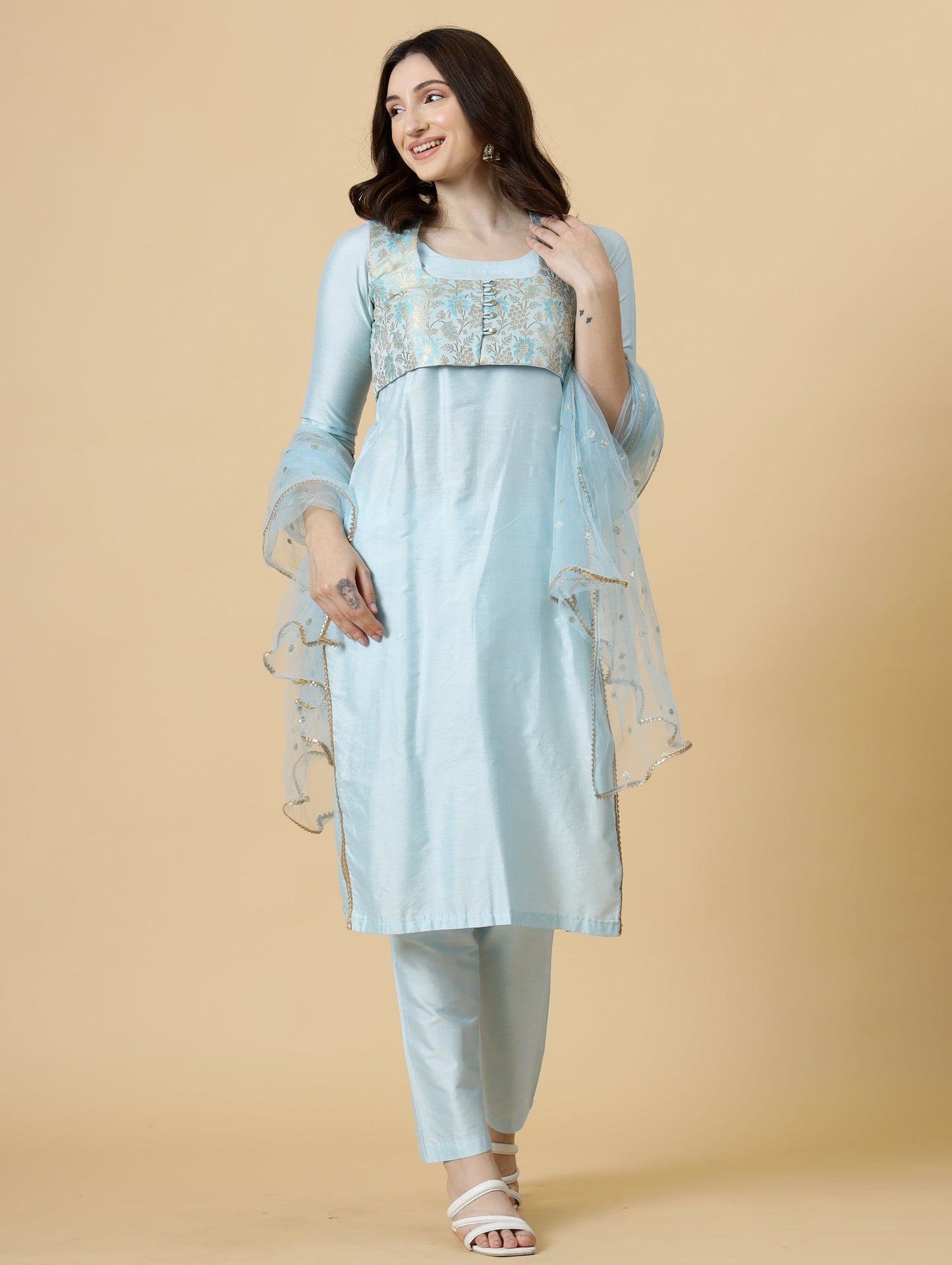 Classic Sky Blue Kurti-Palazzo Set paired with Floral Brocade Silk Jacket