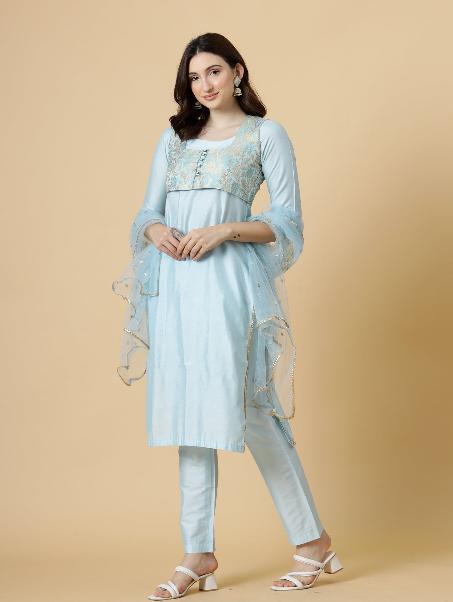 Classic Sky Blue Kurti-Palazzo Set paired with Floral Brocade Silk Jacket