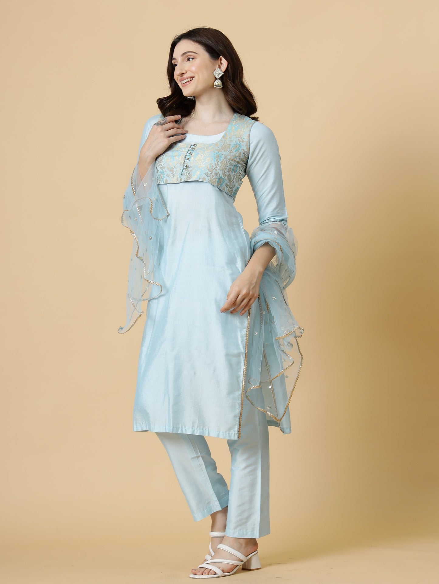 Classic Sky Blue Kurti-Palazzo Set paired with Floral Brocade Silk Jacket