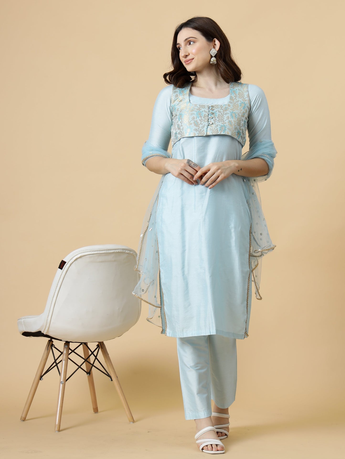 Classic Sky Blue Kurti-Palazzo Set paired with Floral Brocade Silk Jacket
