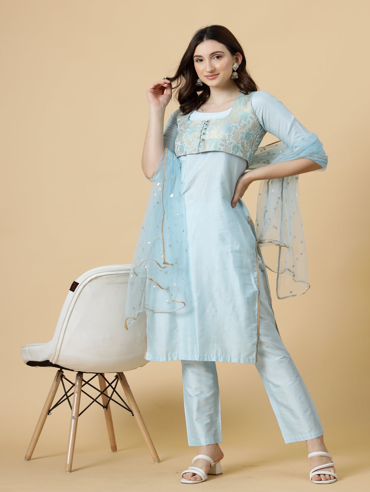 Classic Sky Blue Kurti-Palazzo Set paired with Floral Brocade Silk Jacket